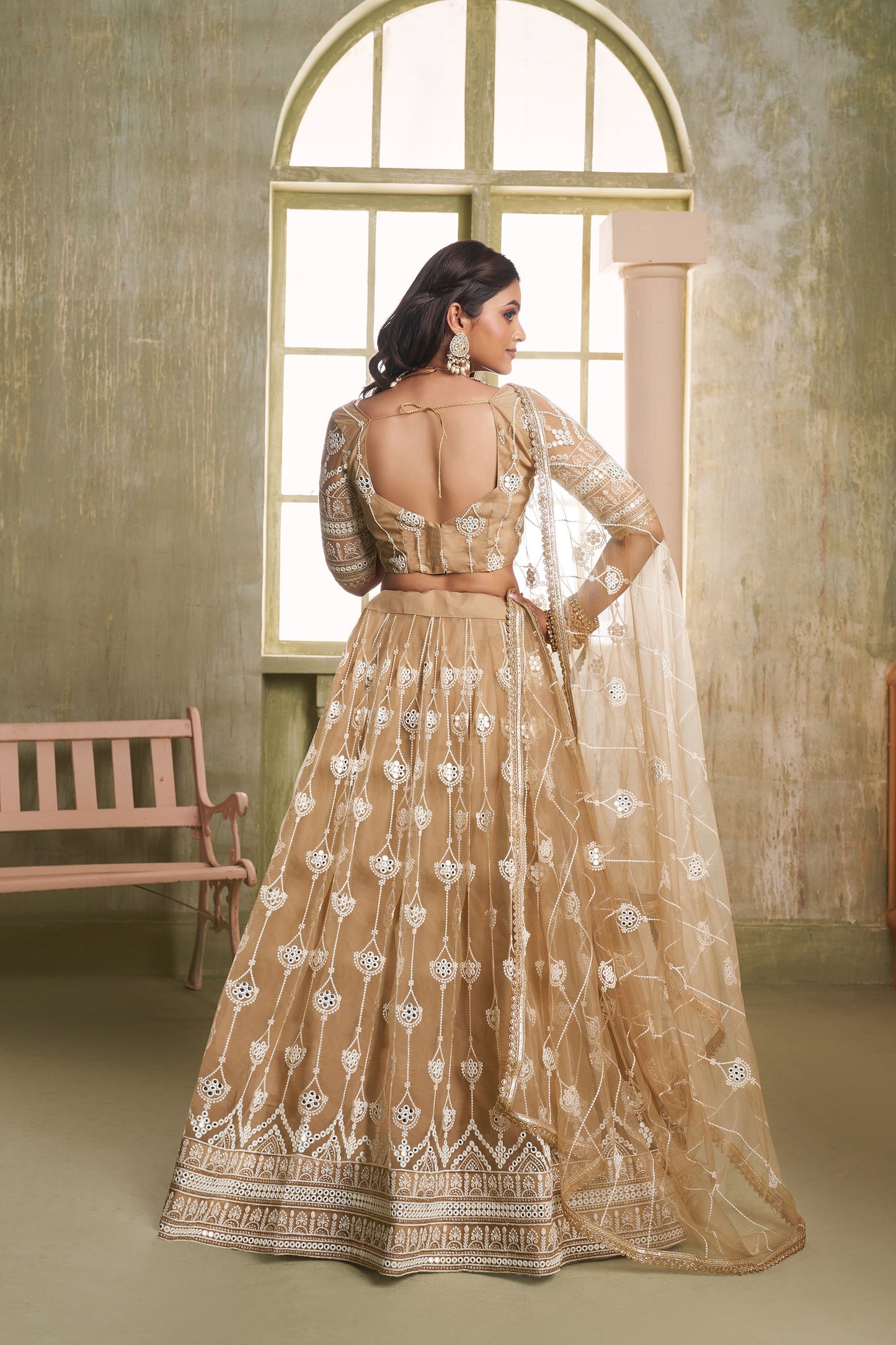 Brown Butterfly Net Thread & Sequin Work Wedding Guest Lehenga