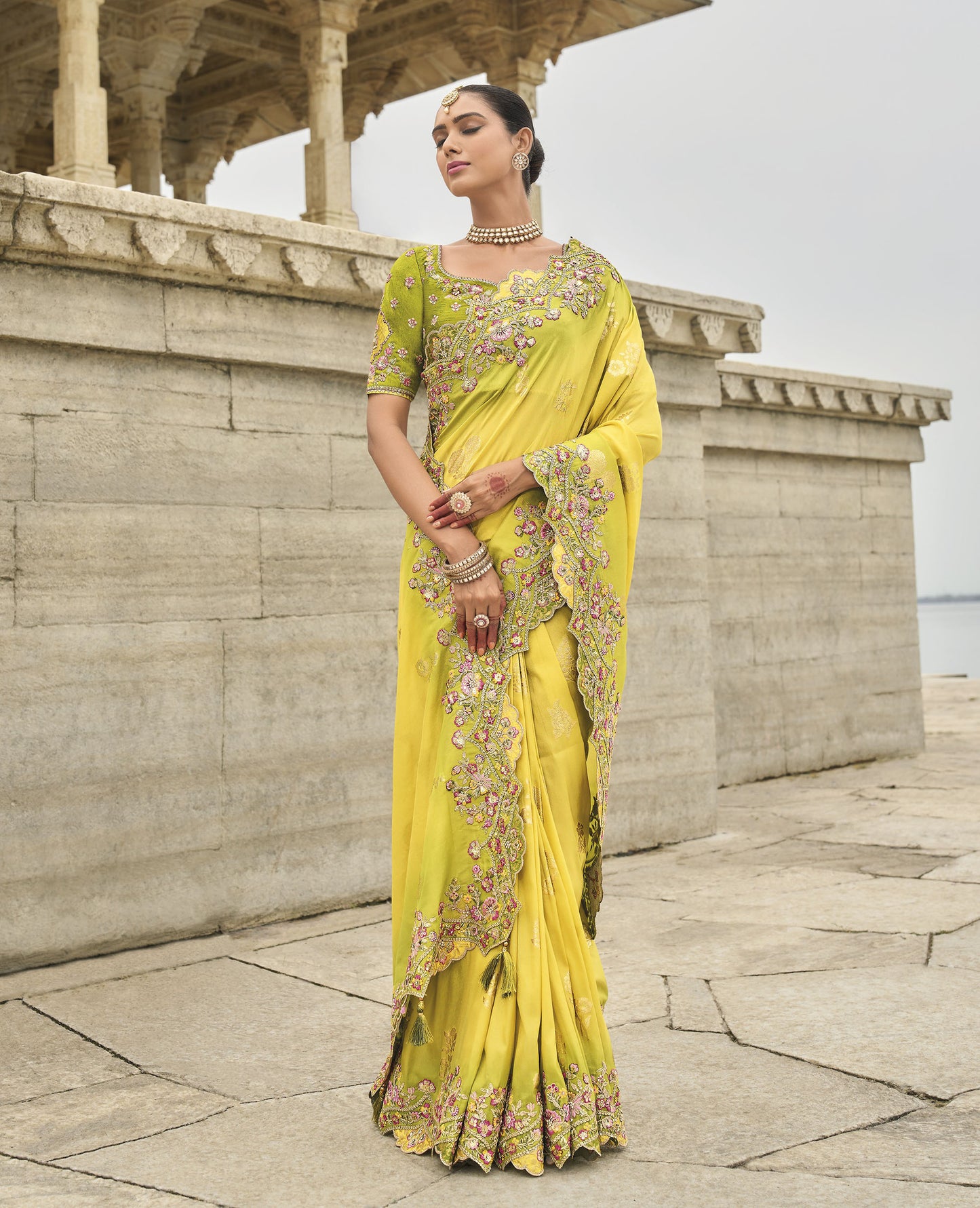 Yellow and Green Viscose Silk With Sequins Embroidery Haldi Saree