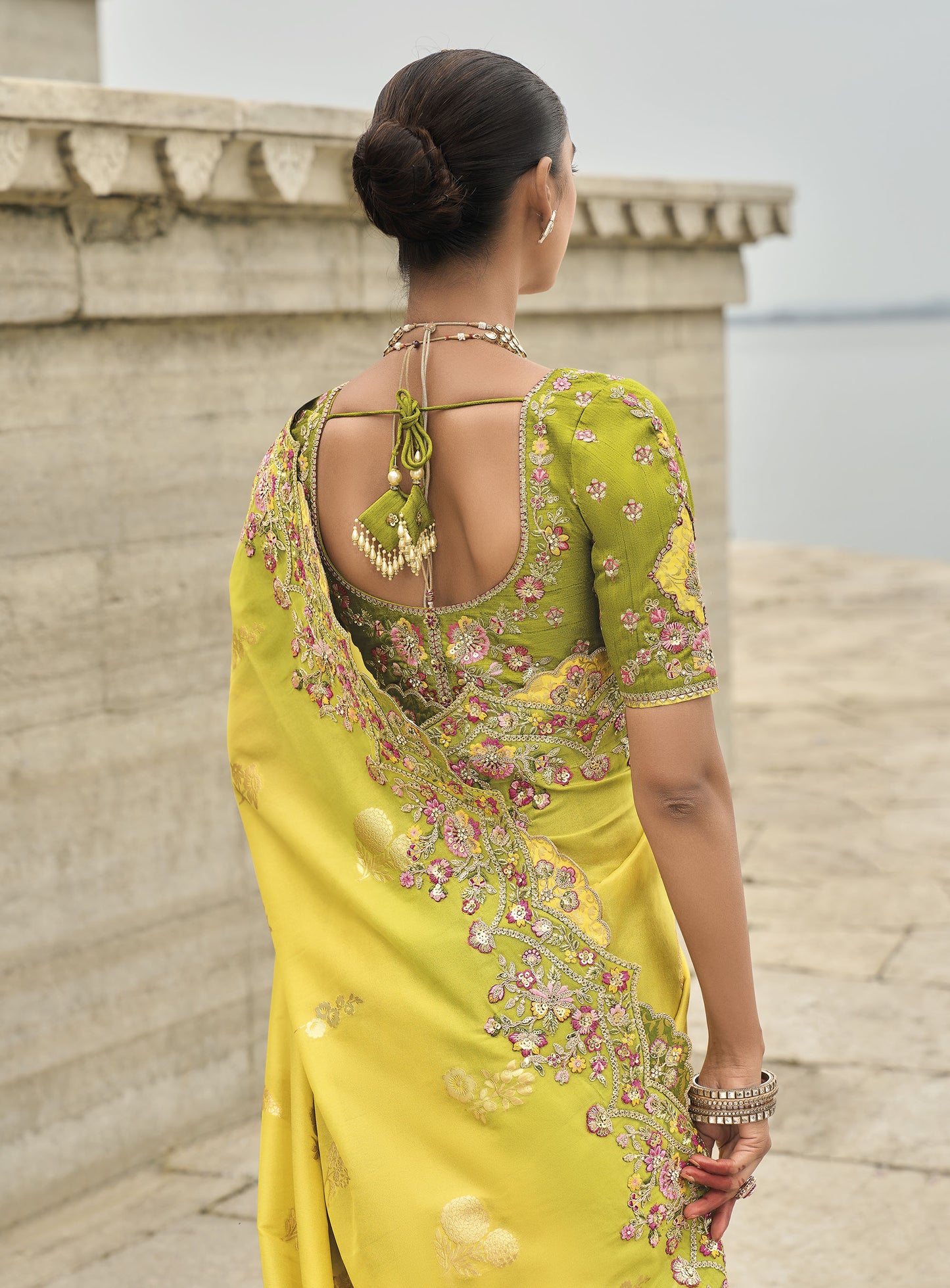 Yellow and Green Viscose Silk With Sequins Embroidery Haldi Saree