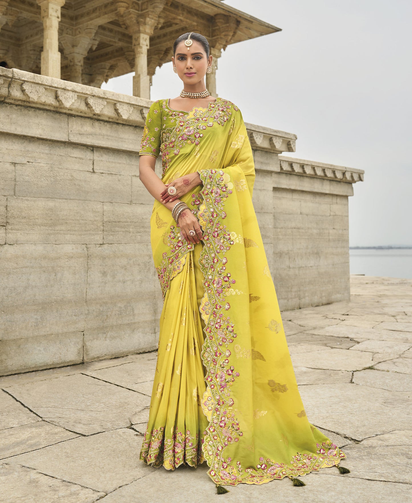 Yellow and Green Viscose Silk With Sequins Embroidery Haldi Saree