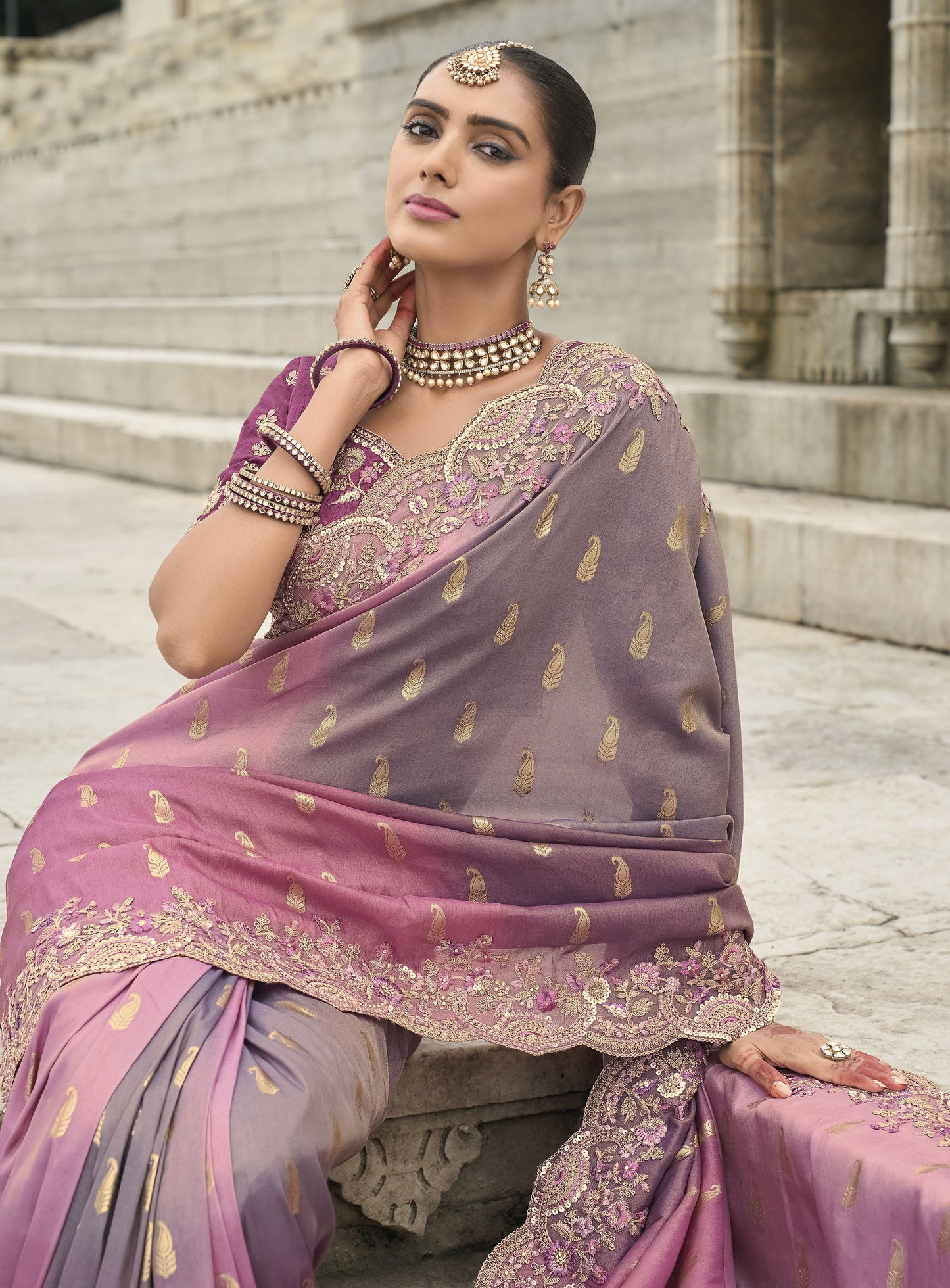 Pink and Grey Viscose Silk With Sequins Embroidery Saree