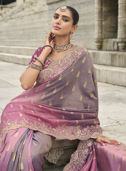 Pink and Grey Viscose Silk With Sequins Embroidery Saree