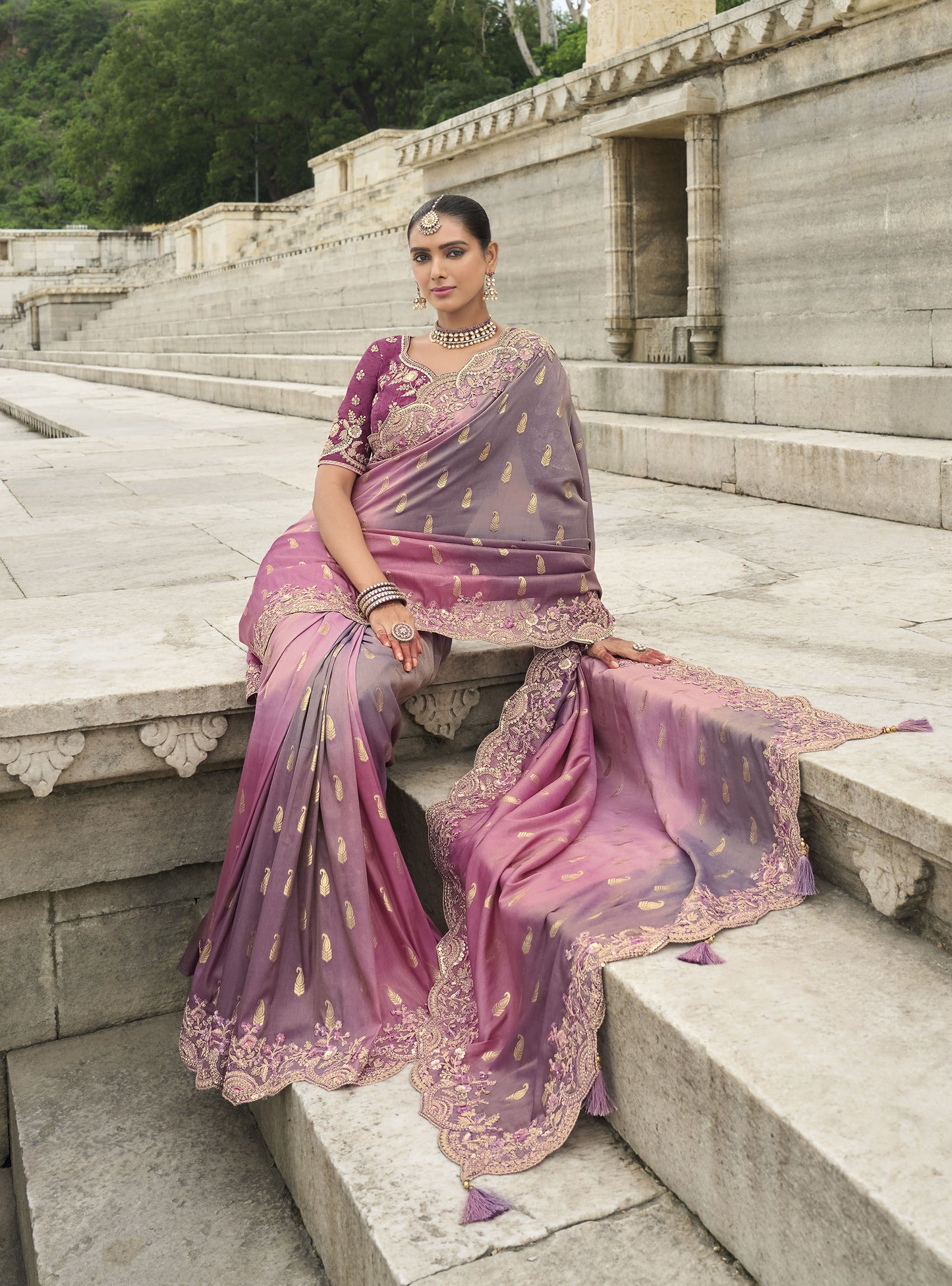 Pink and Grey Viscose Silk With Sequins Embroidery Saree
