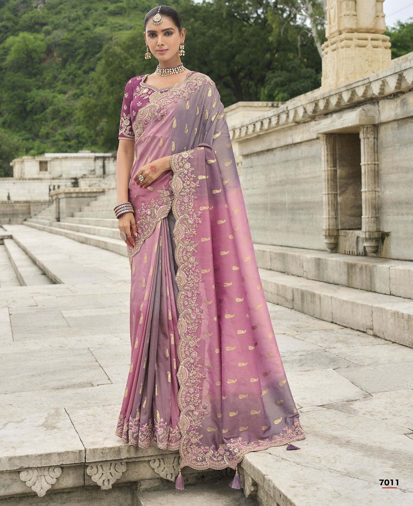 Pink and Grey Viscose Silk With Sequins Embroidery Saree