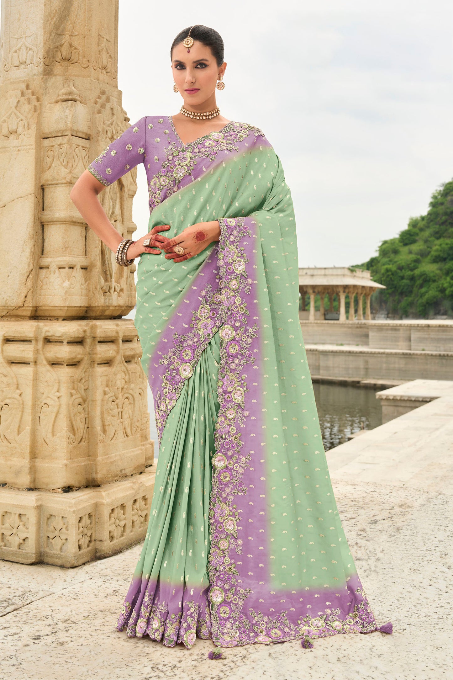 Sea Green and Purple Viscose Silk With Stone Embroidery Festive Saree