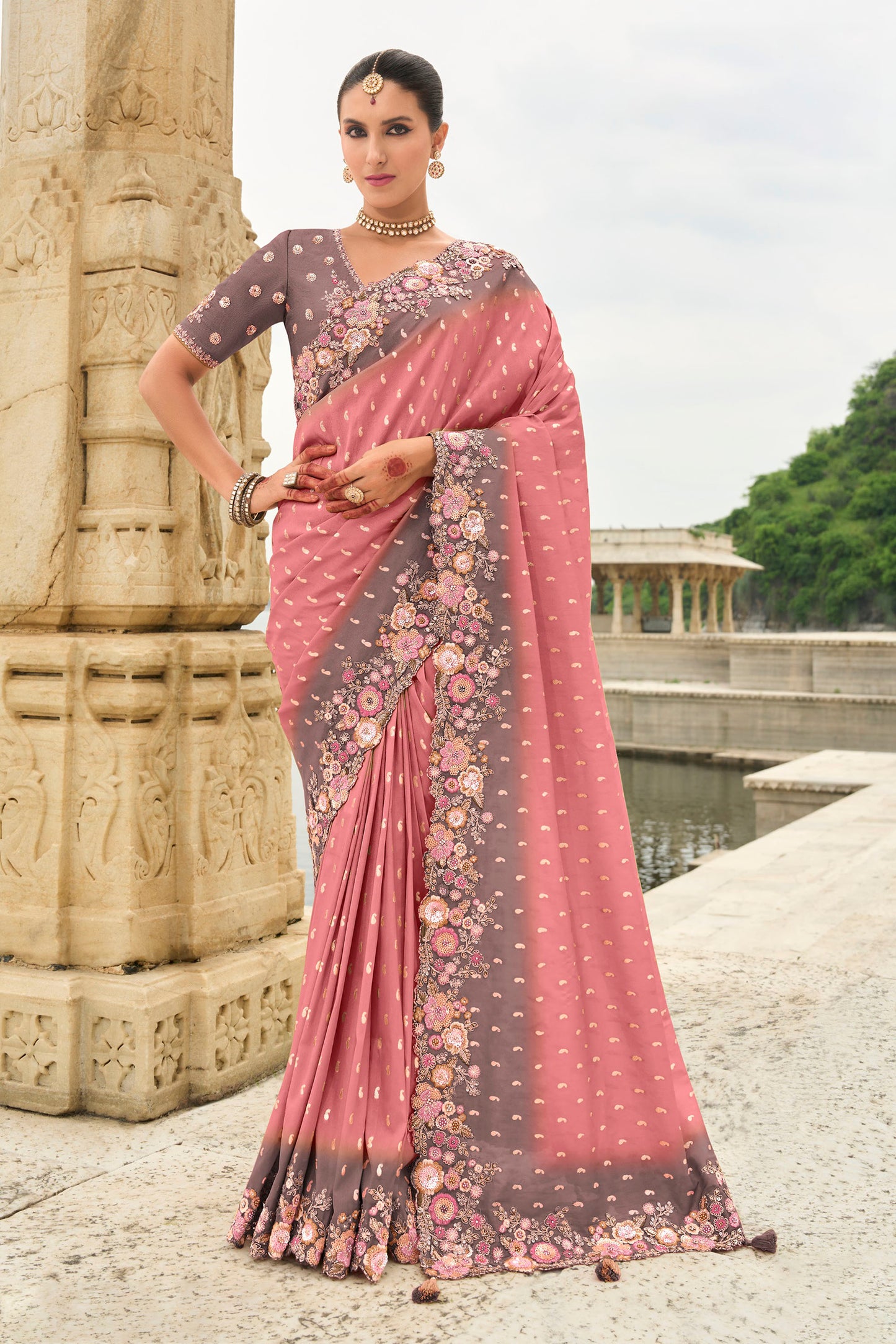 Grey and Peach Viscose Silk With Stone Work Festive Saree