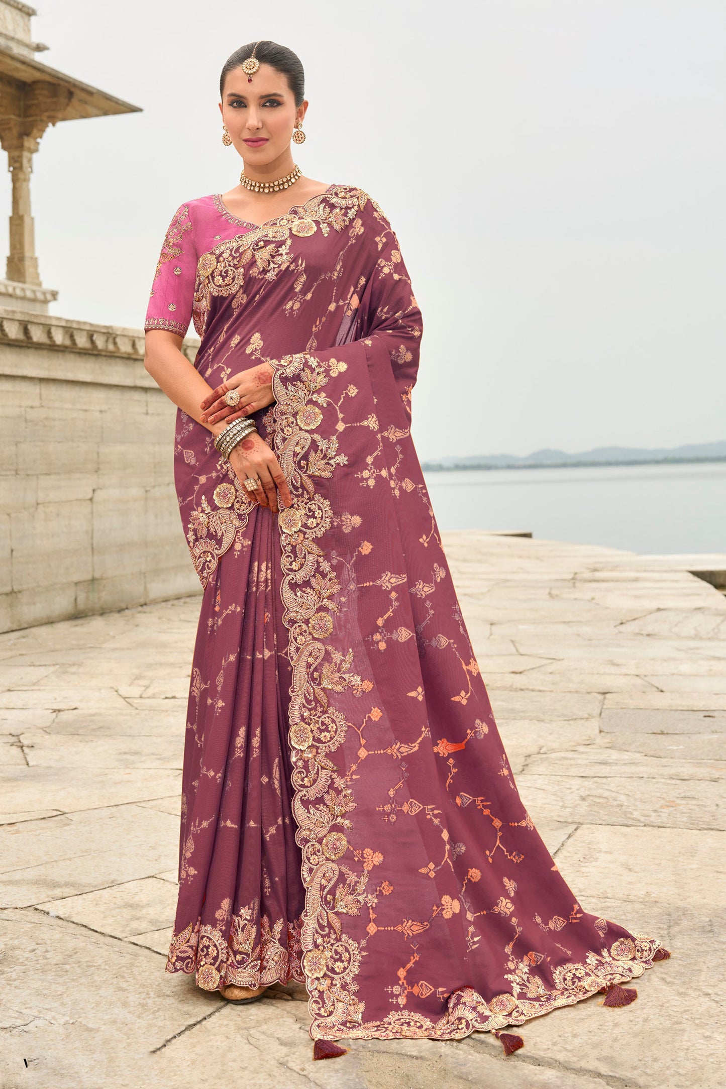 Wine Viscose Silk With Stone Embroidery Party Wear Saree