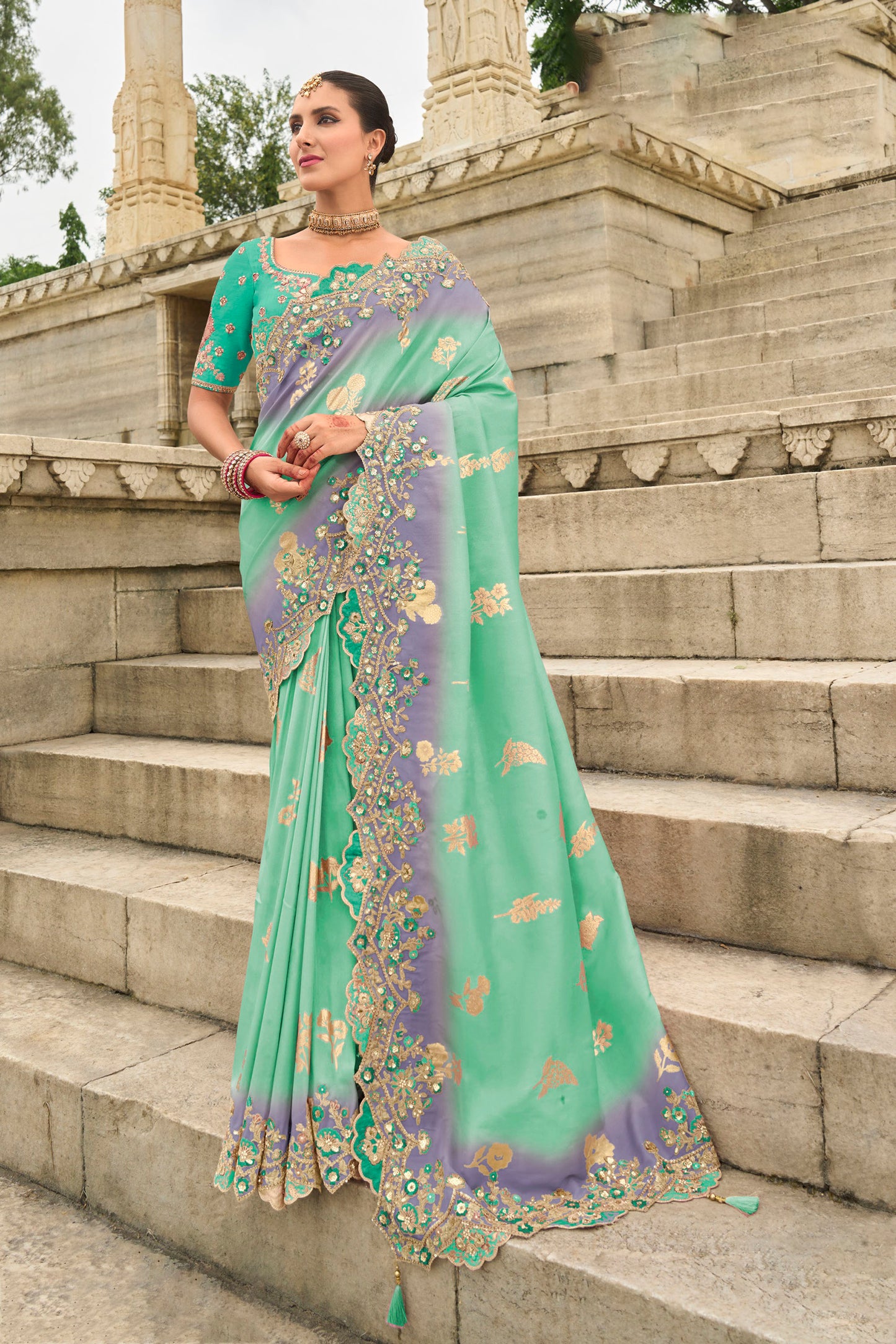 Green and Purple Viscose Silk With Cut Work Saree