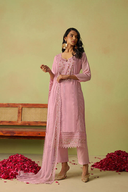 Pink Organza Thread Embroidered Festive Kurta Set