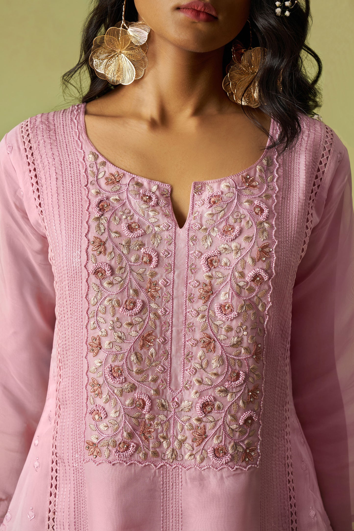Pink Organza Thread Embroidered Festive Kurta Set