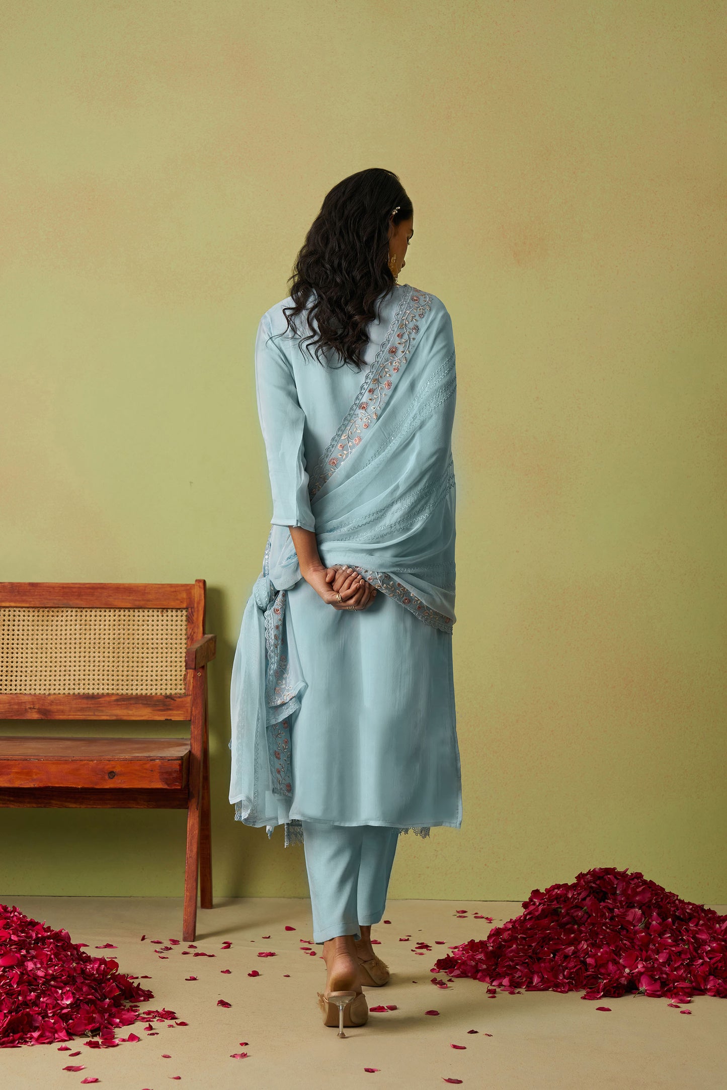 Sea Blue Organza Thread Embroidered Festive Kurta Set