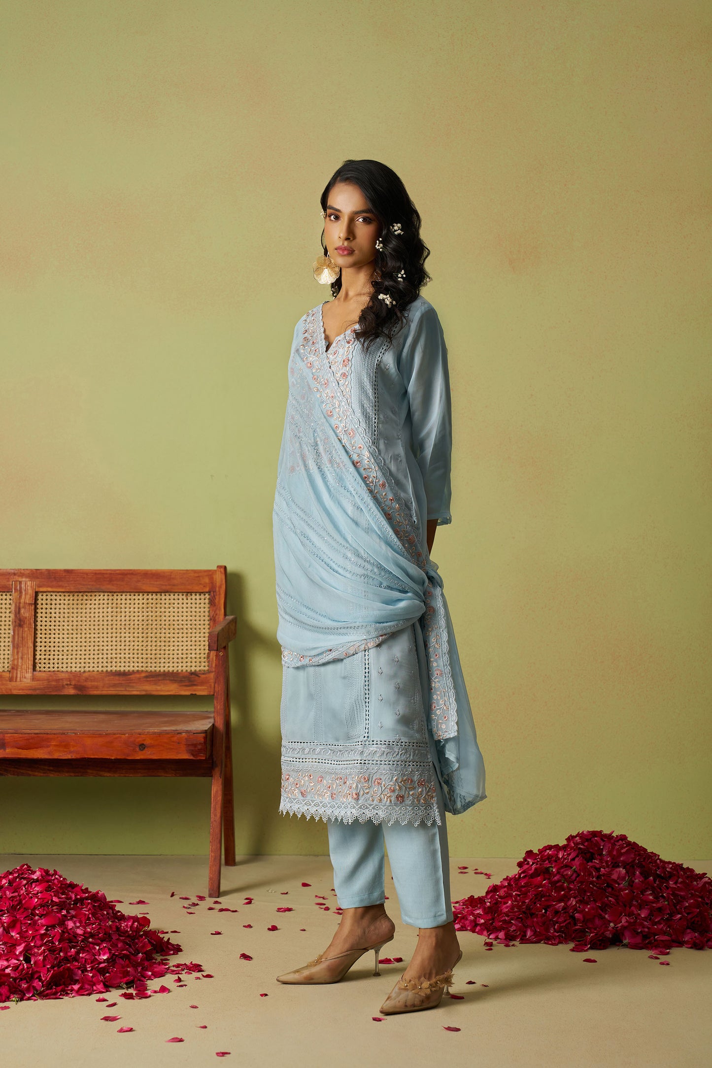 Sea Blue Organza Thread Embroidered Festive Kurta Set