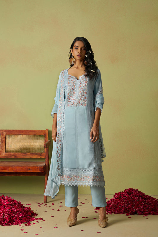 Sea Blue Organza Thread Embroidered Festive Kurta Set