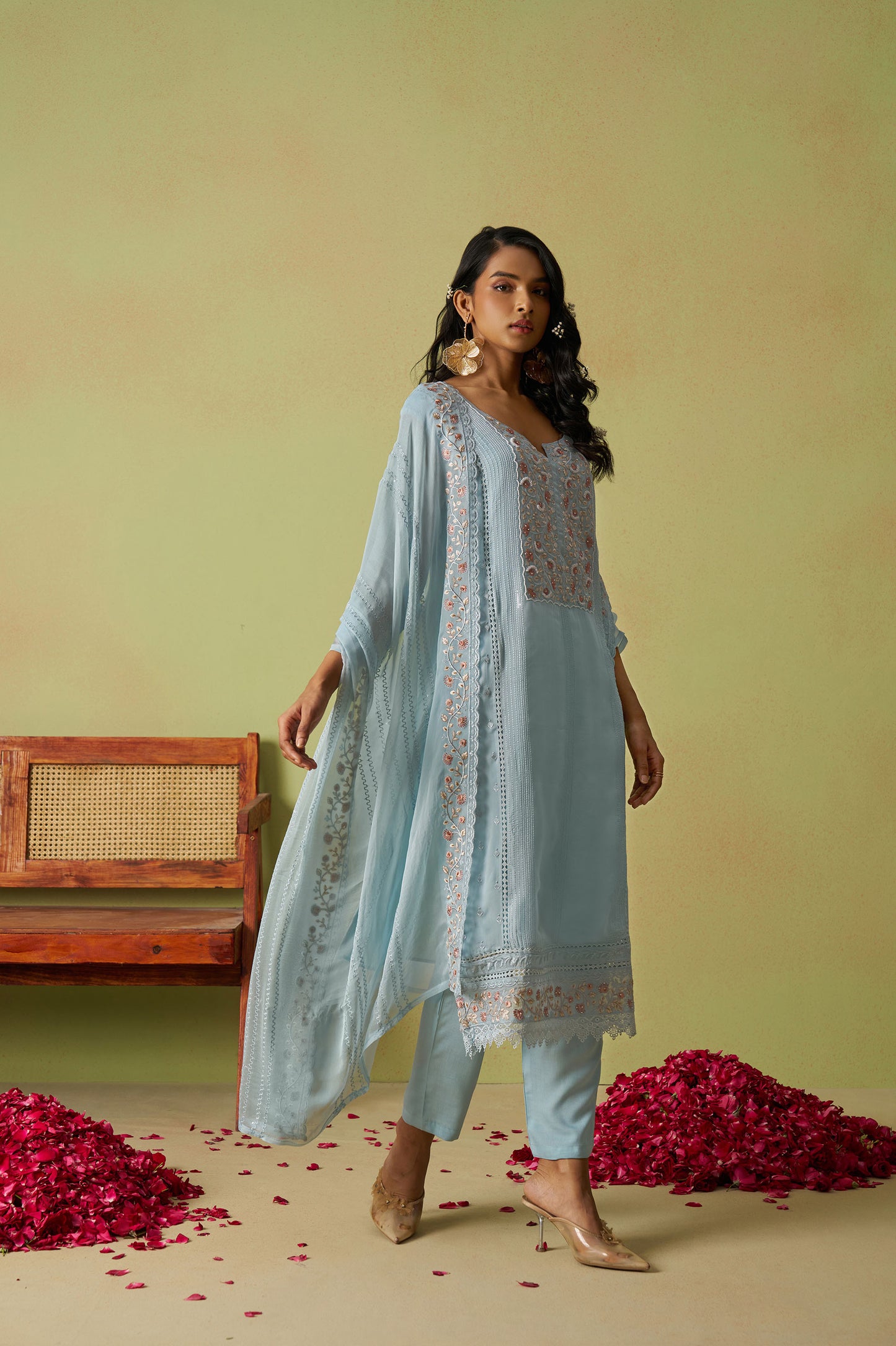 Sea Blue Organza Thread Embroidered Festive Kurta Set