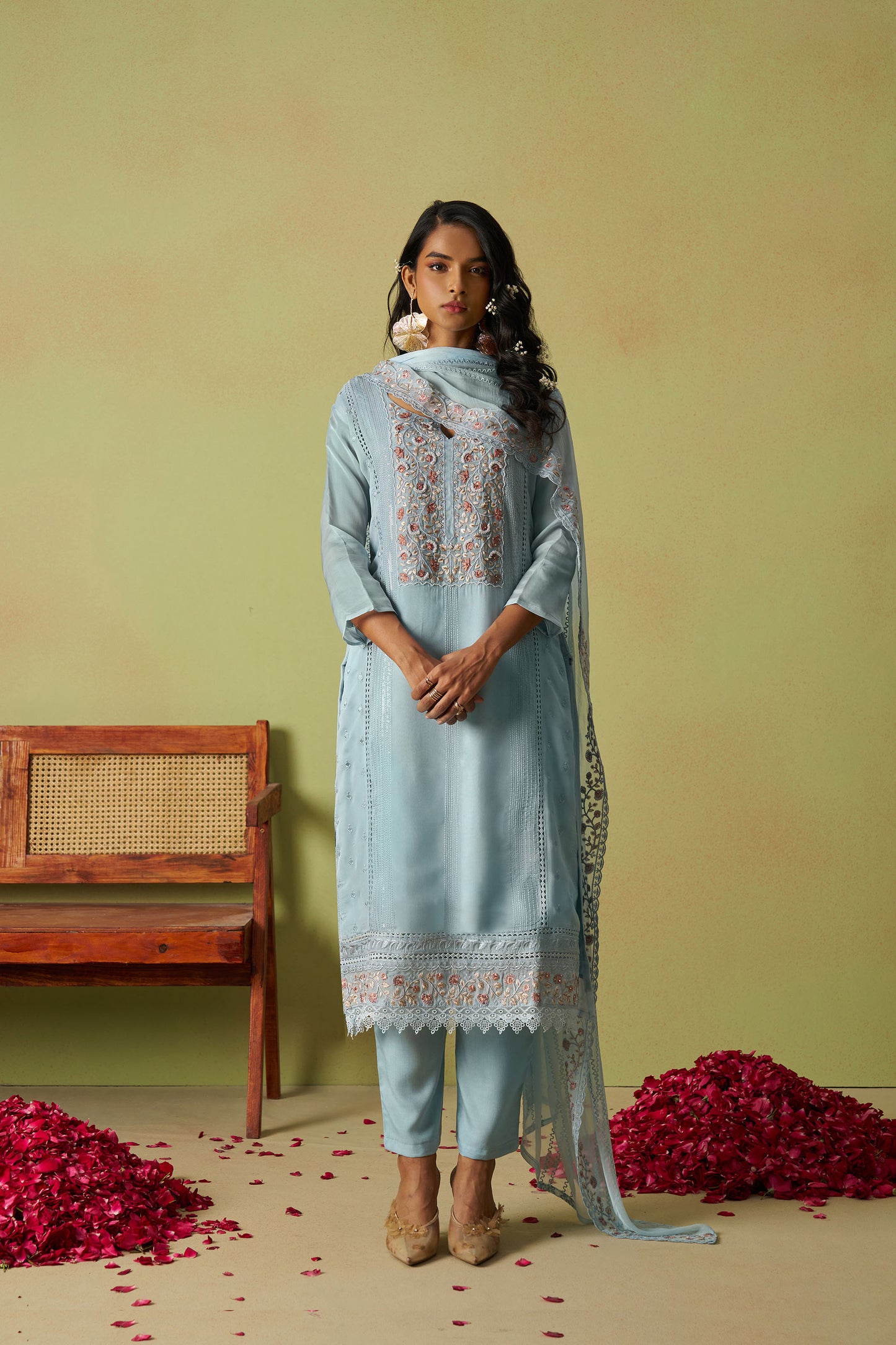 Sea Blue Organza Thread Embroidered Festive Kurta Set
