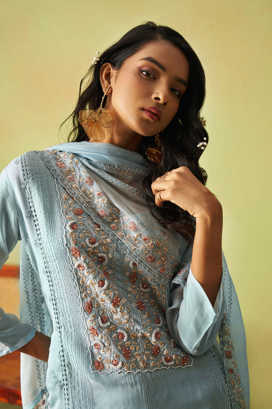 Sea Blue Organza Thread Embroidered Festive Kurta Set