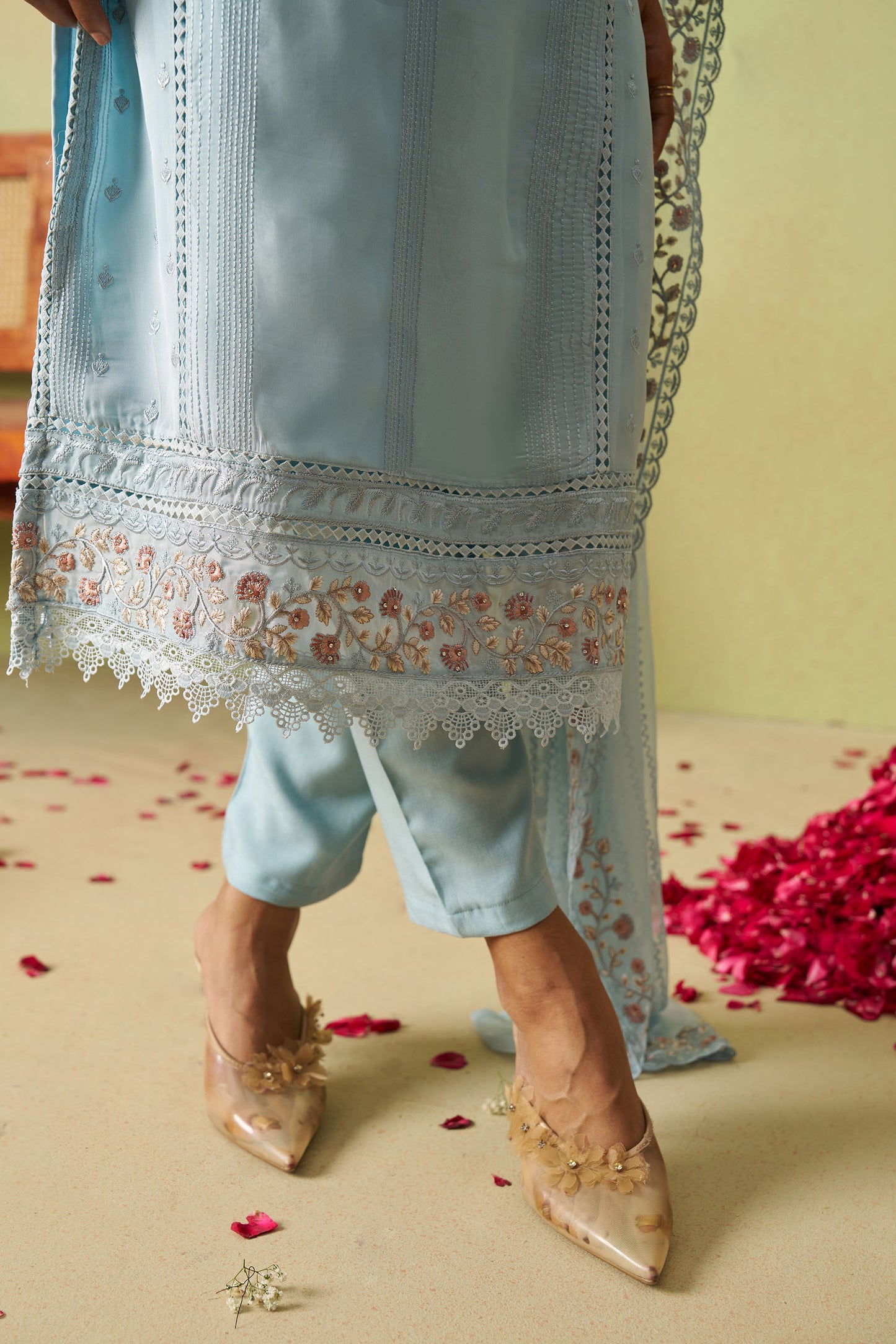 Sea Blue Organza Thread Embroidered Festive Kurta Set