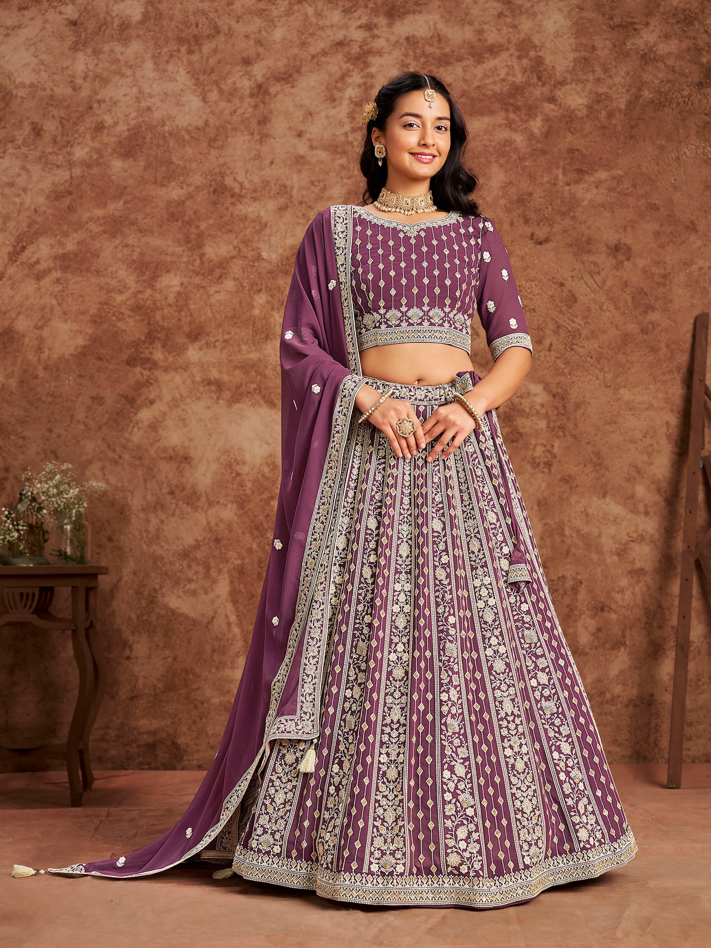 Purple Sequins & Chikan Embroidered Faux Georgette Lehenga