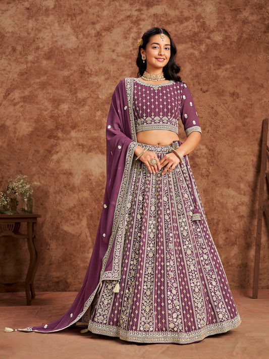 Purple Sequins & Chikan Embroidered Faux Georgette Lehenga