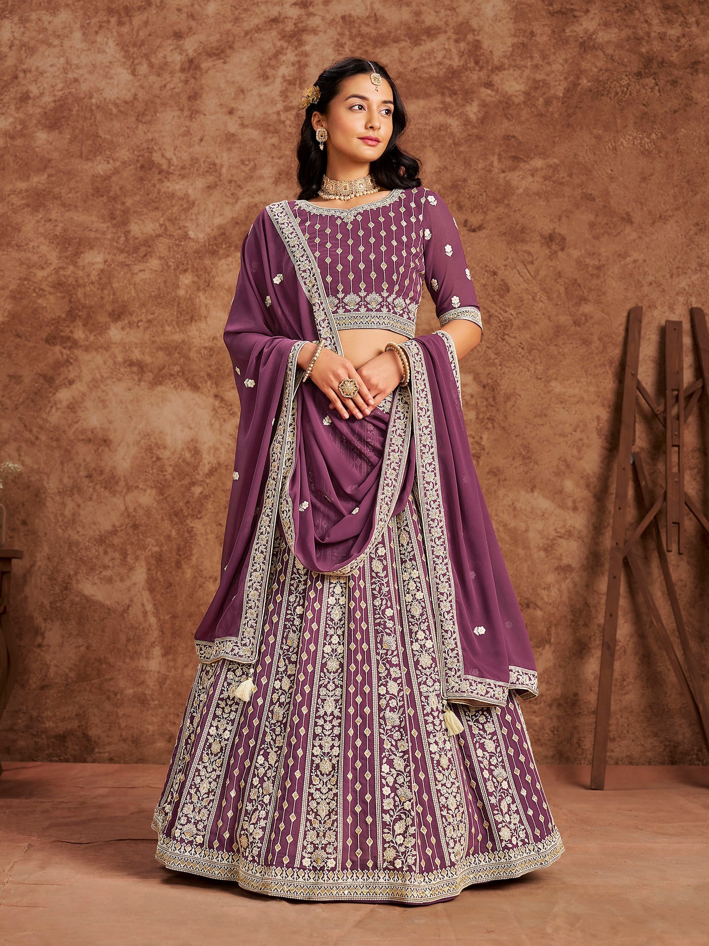 Purple Sequins & Chikan Embroidered Faux Georgette Lehenga