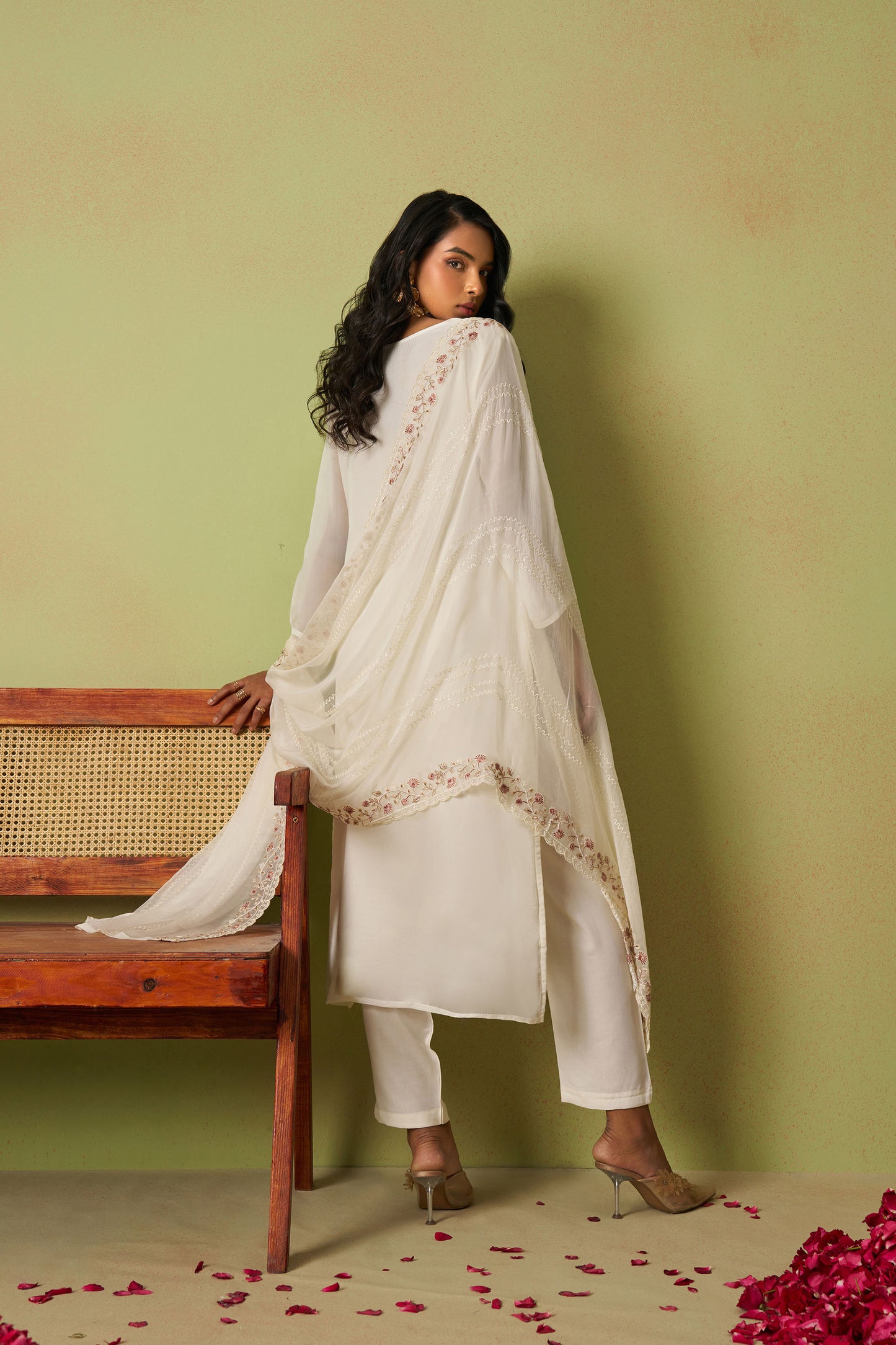 White Organza Thread Embroidered Festive Kurta Set