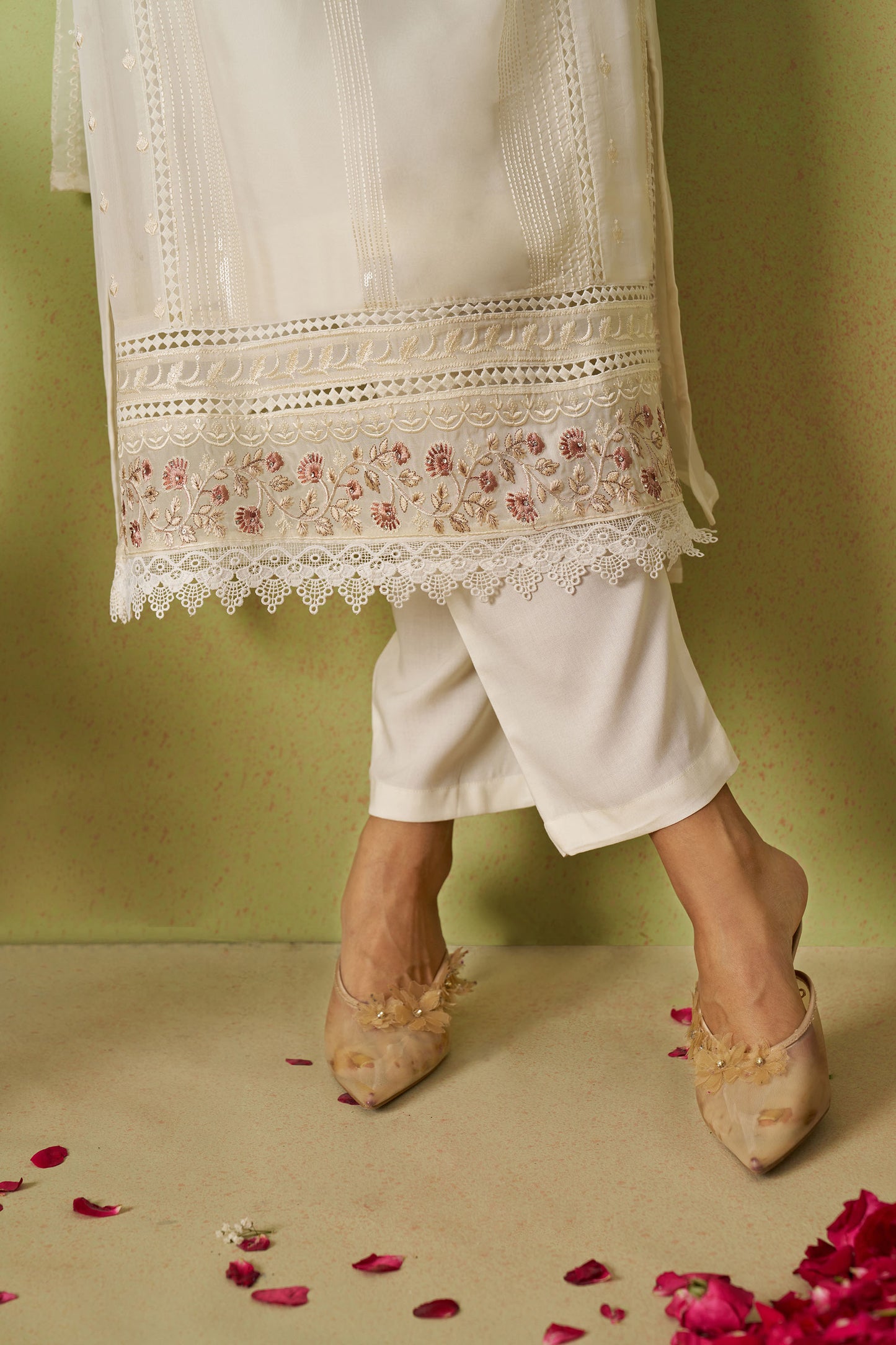 White Organza Thread Embroidered Festive Kurta Set