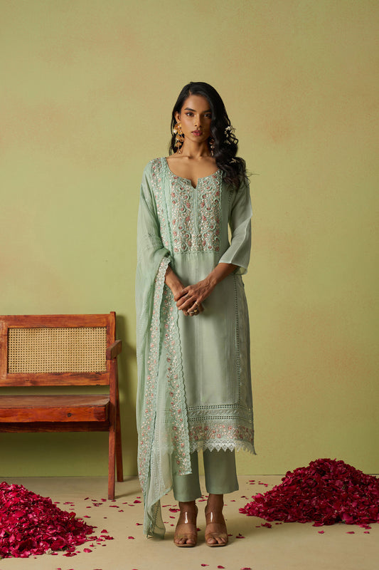 Green Organza Thread Embroidered Festive Kurta Set