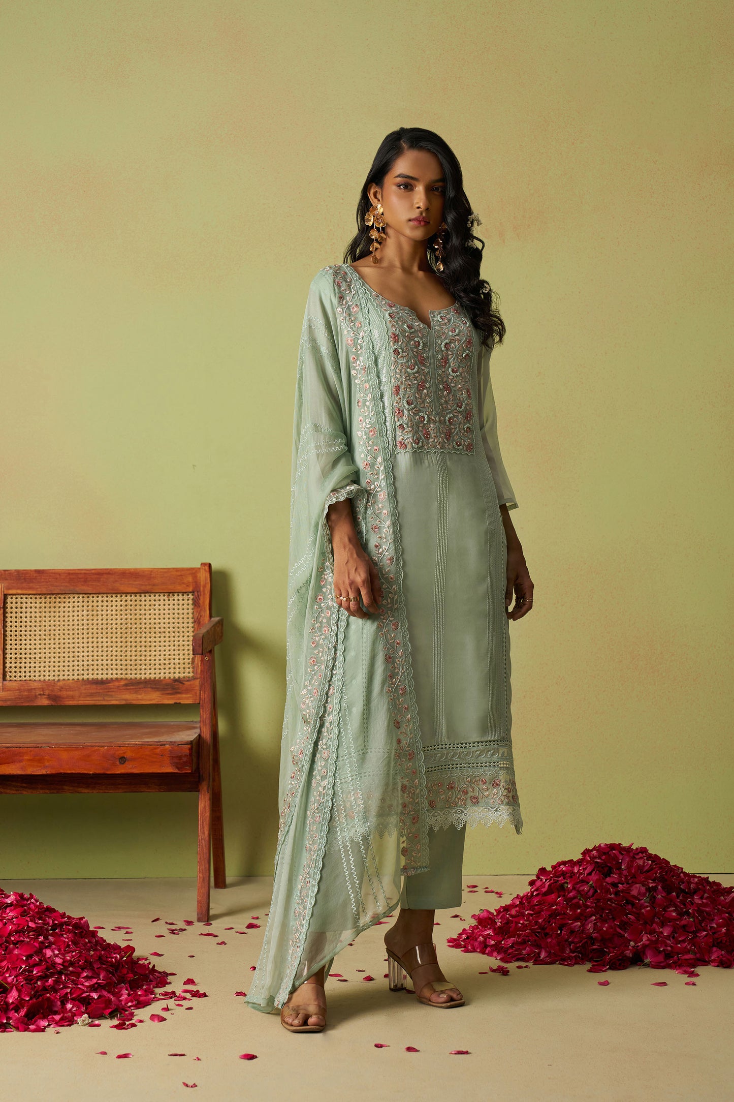 Green Organza Thread Embroidered Festive Kurta Set