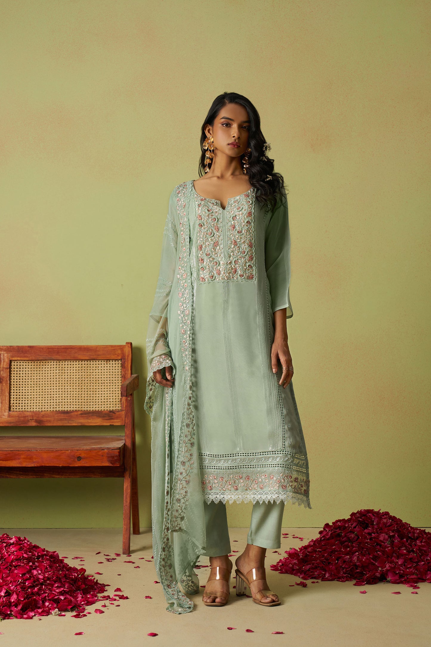 Green Organza Thread Embroidered Festive Kurta Set