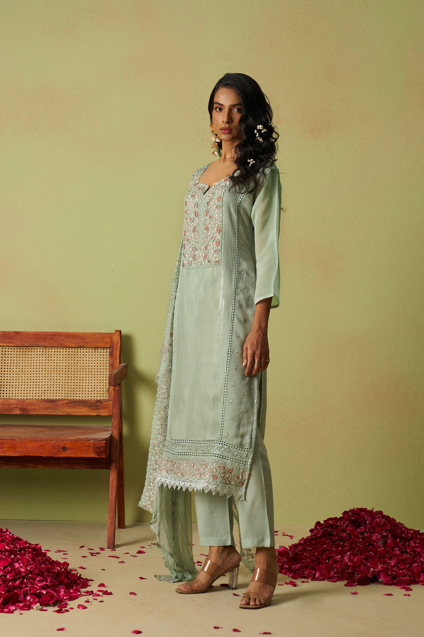Green Organza Thread Embroidered Festive Kurta Set