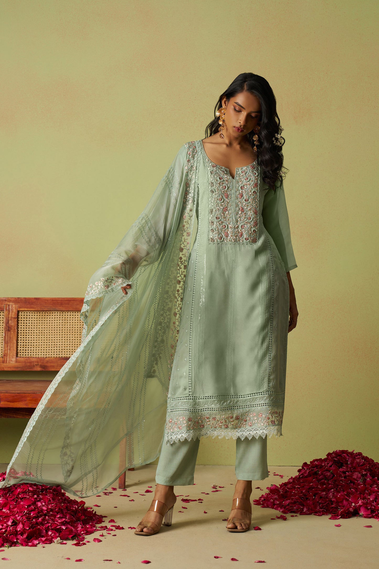 Green Organza Thread Embroidered Festive Kurta Set