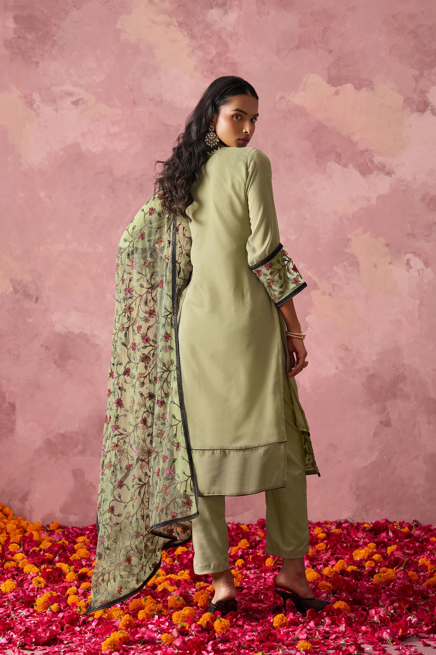 Olive Green Georgette Sequins Embroidered  Mehendi Kurta Set