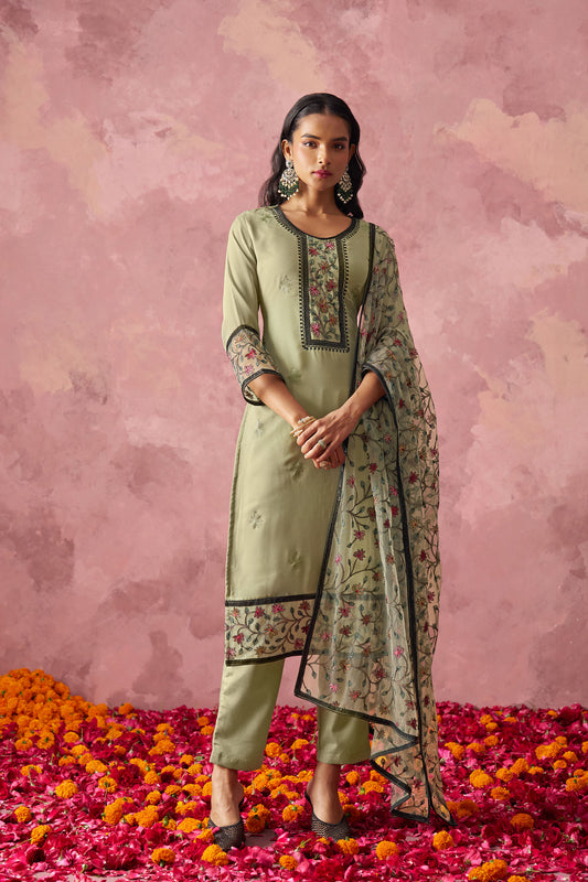 Olive Green Georgette Sequins Embroidered  Mehendi Kurta Set