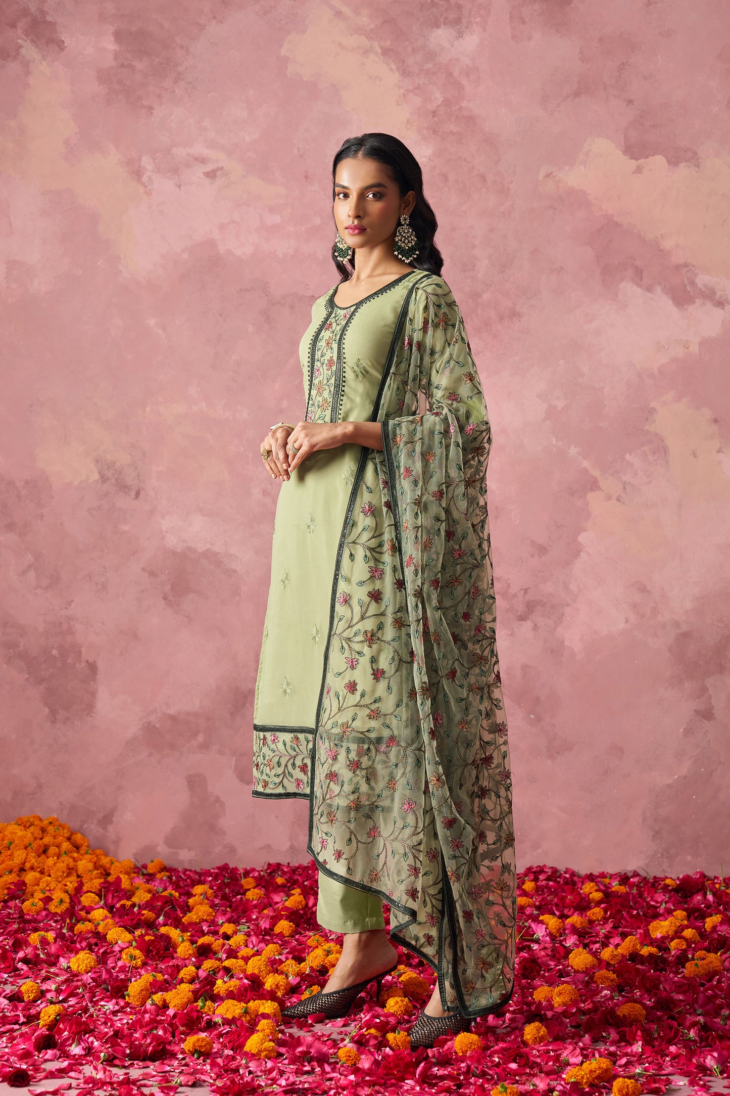 Olive Green Georgette Sequins Embroidered  Mehendi Kurta Set