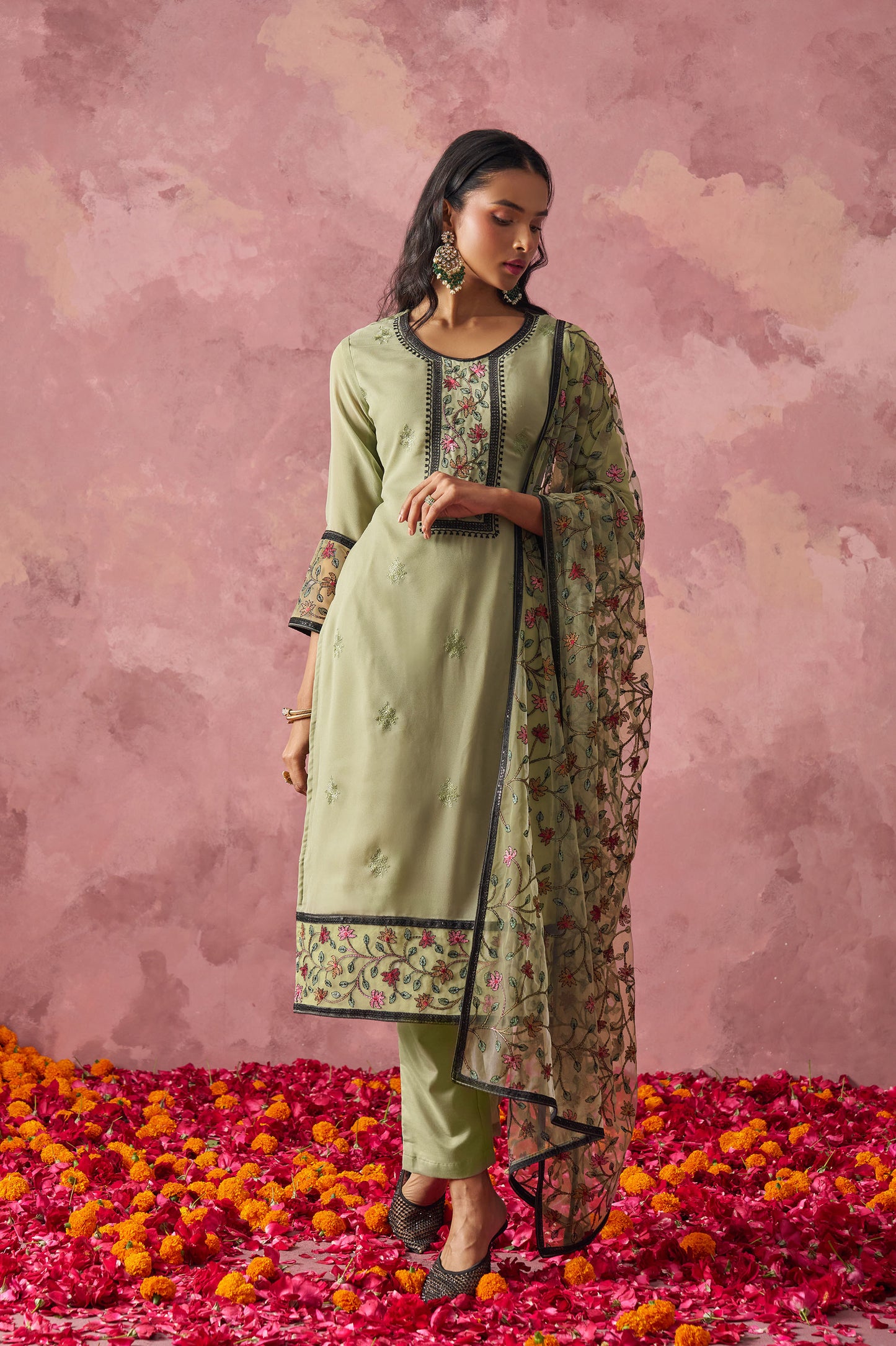 Olive Green Georgette Sequins Embroidered  Mehendi Kurta Set