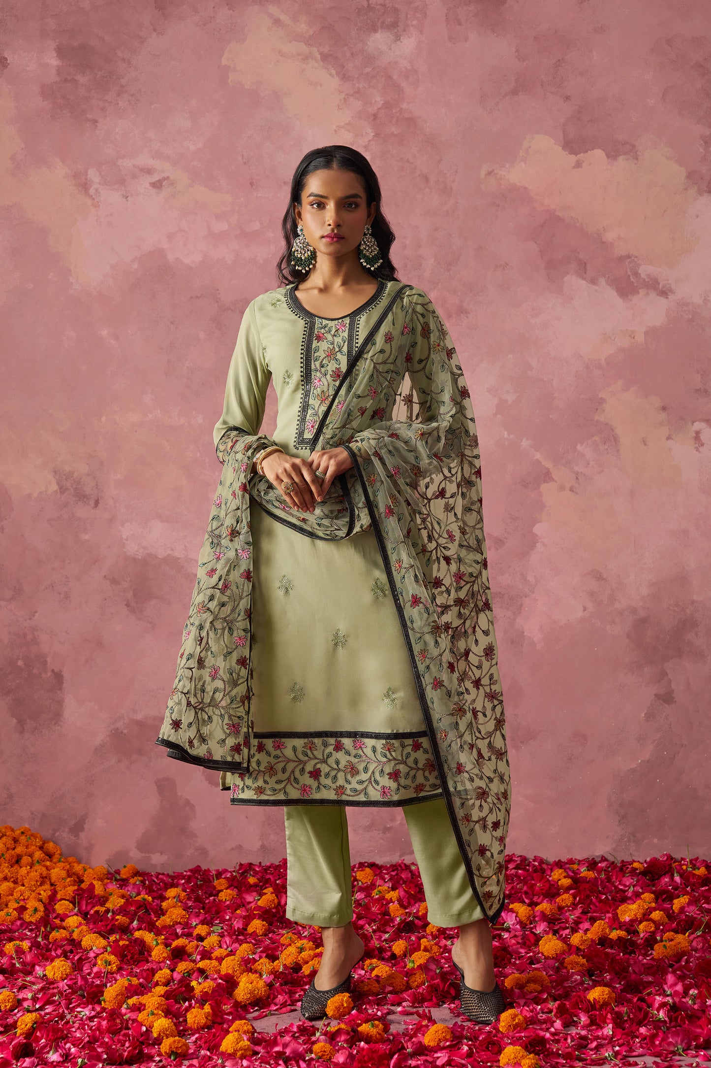 Olive Green Georgette Sequins Embroidered  Mehendi Kurta Set