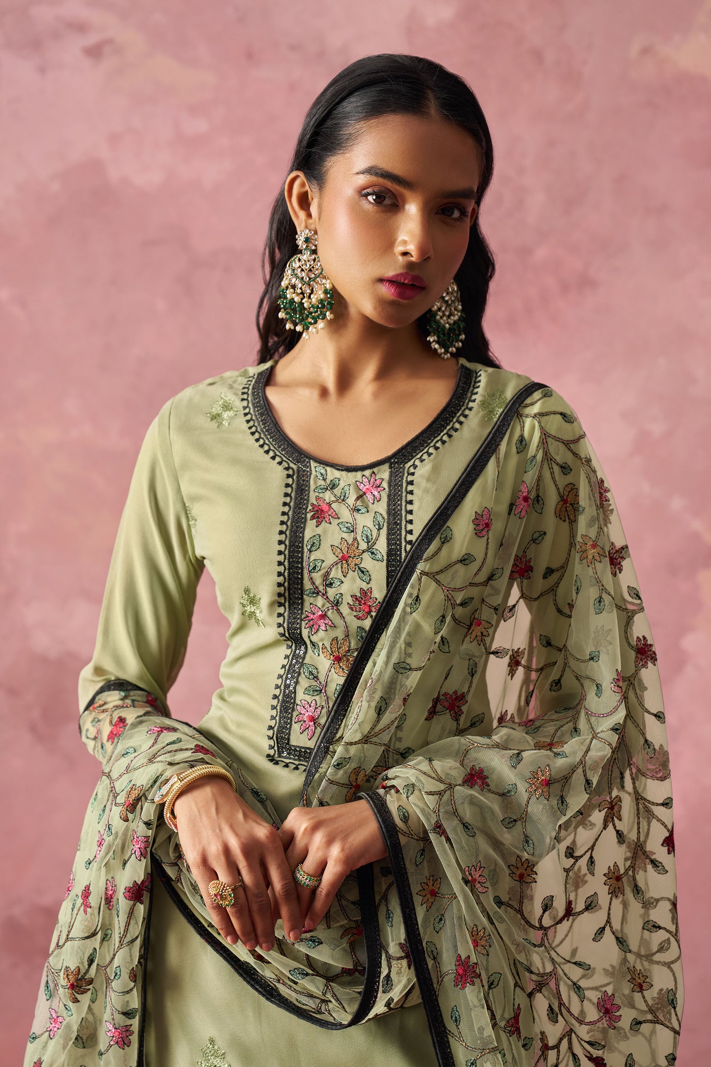 Olive Green Georgette Sequins Embroidered  Mehendi Kurta Set