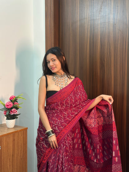 Mulberry Magic Purple & Maroon Floral Mulmul Saree