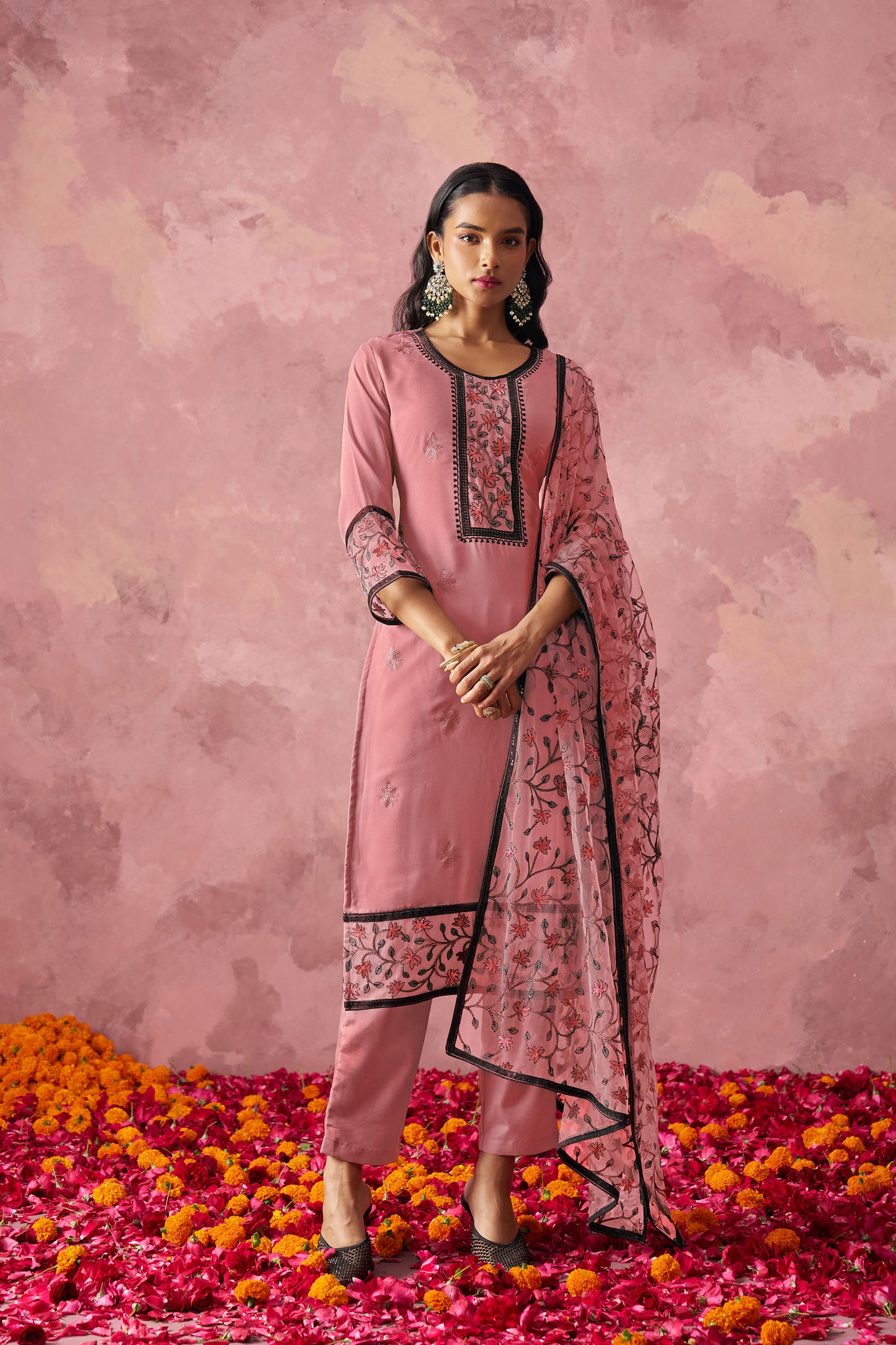 Pink Georgette Sequins Embroidered Festive Kurta Set