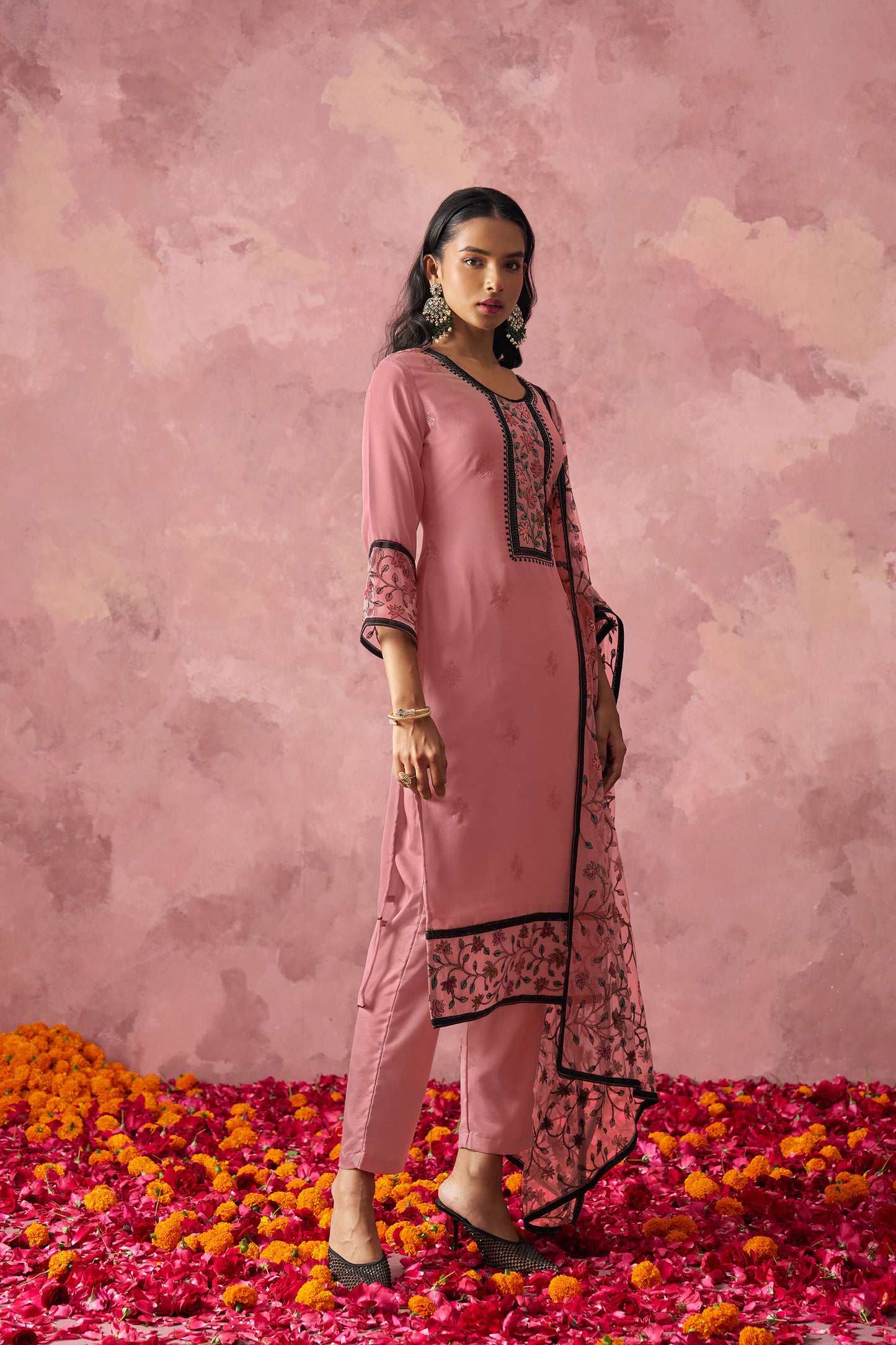 Pink Georgette Sequins Embroidered Festive Kurta Set