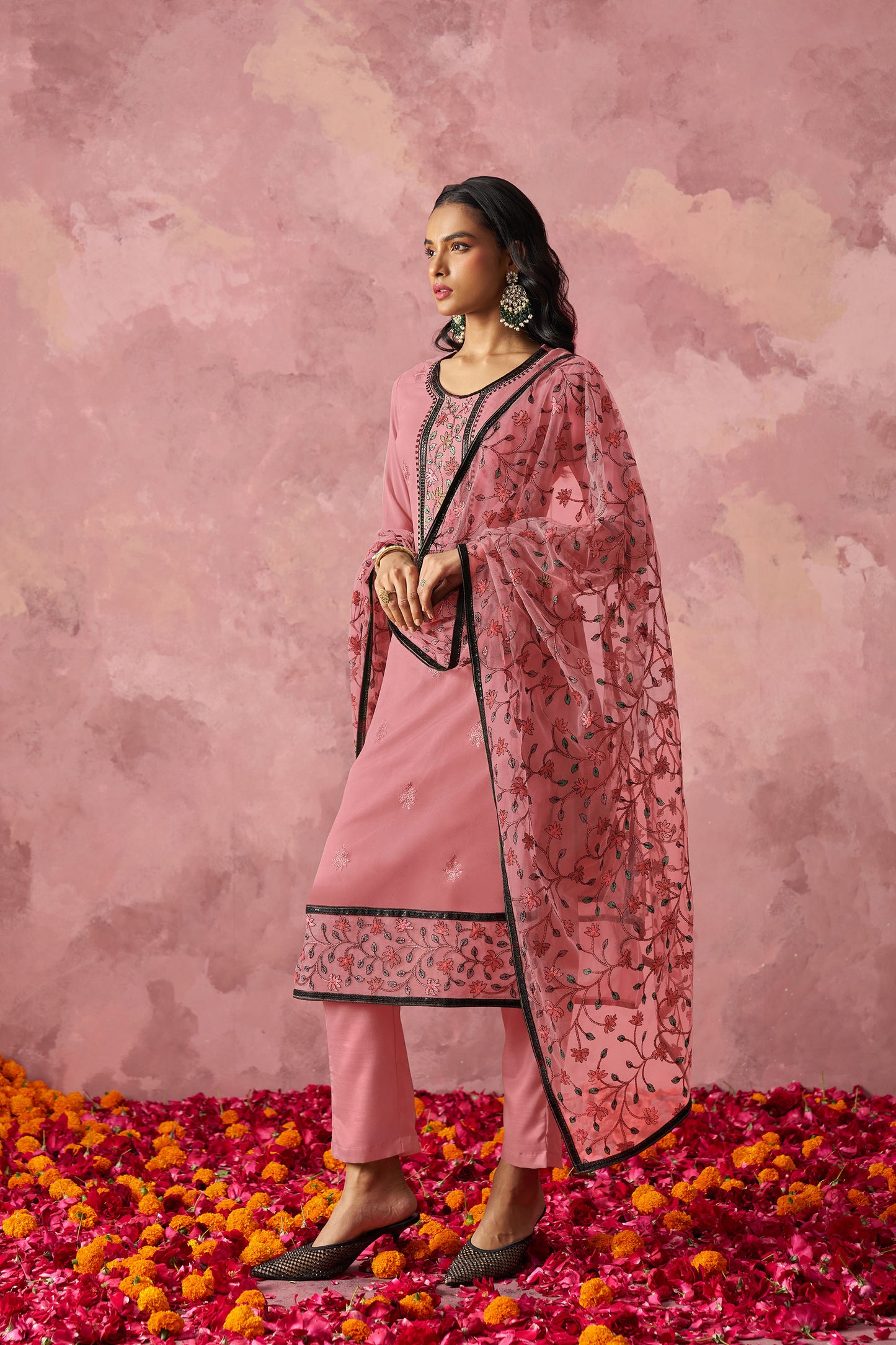 Pink Georgette Sequins Embroidered Festive Kurta Set