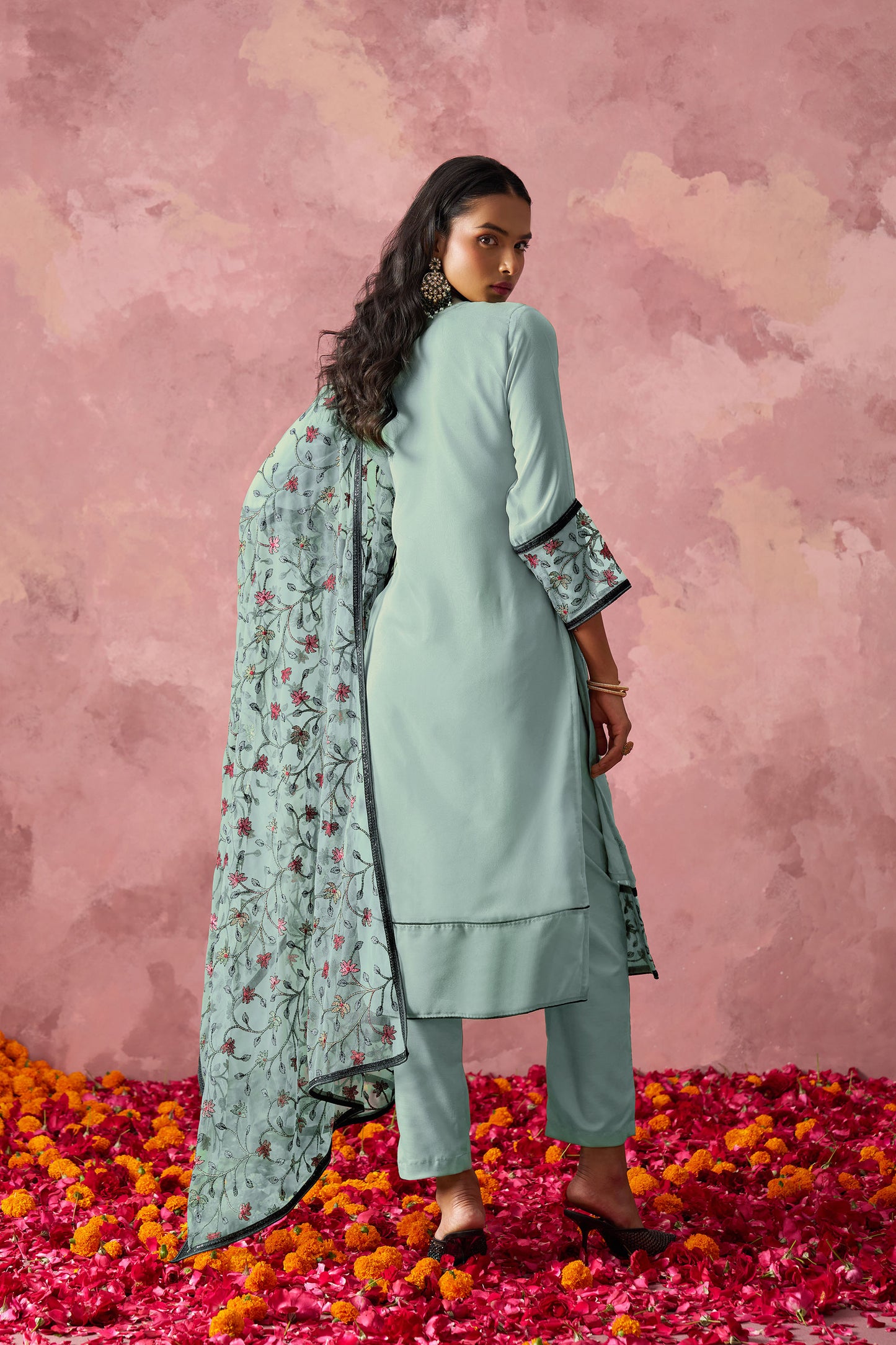 Blue Georgette Sequins Embroidered Festive Kurta Set