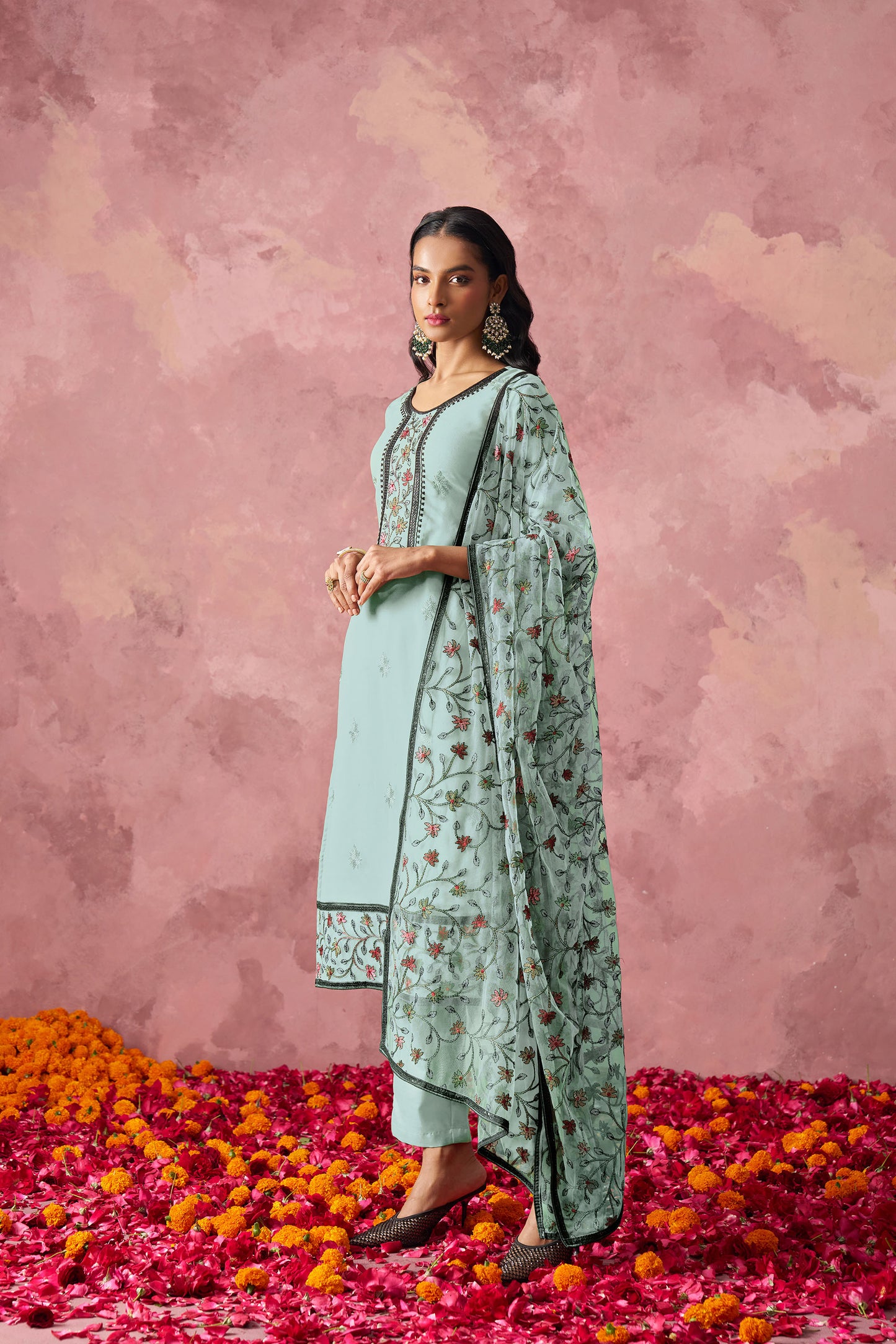 Blue Georgette Sequins Embroidered Festive Kurta Set