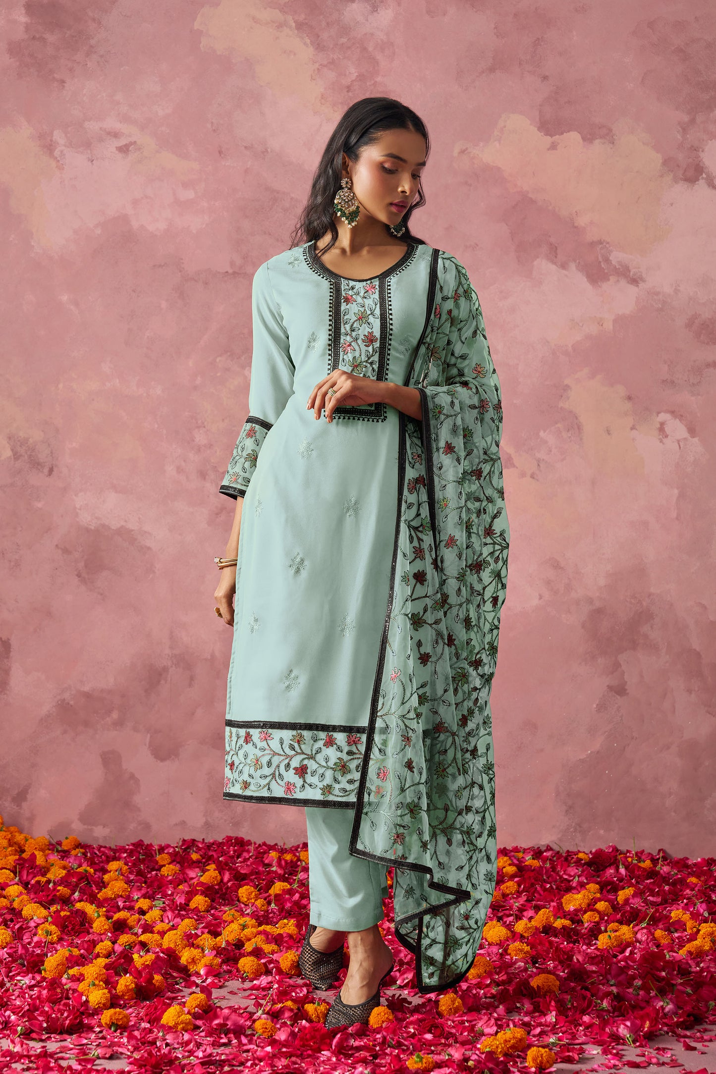 Blue Georgette Sequins Embroidered Festive Kurta Set
