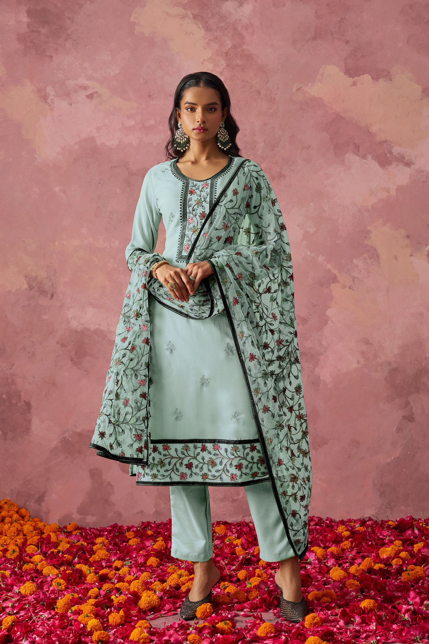 Blue Georgette Sequins Embroidered Festive Kurta Set