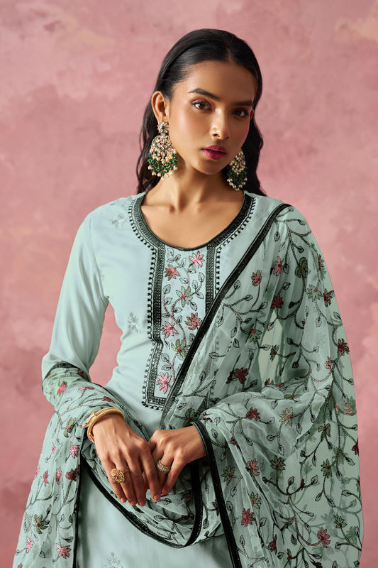 Blue Georgette Sequins Embroidered Festive Kurta Set