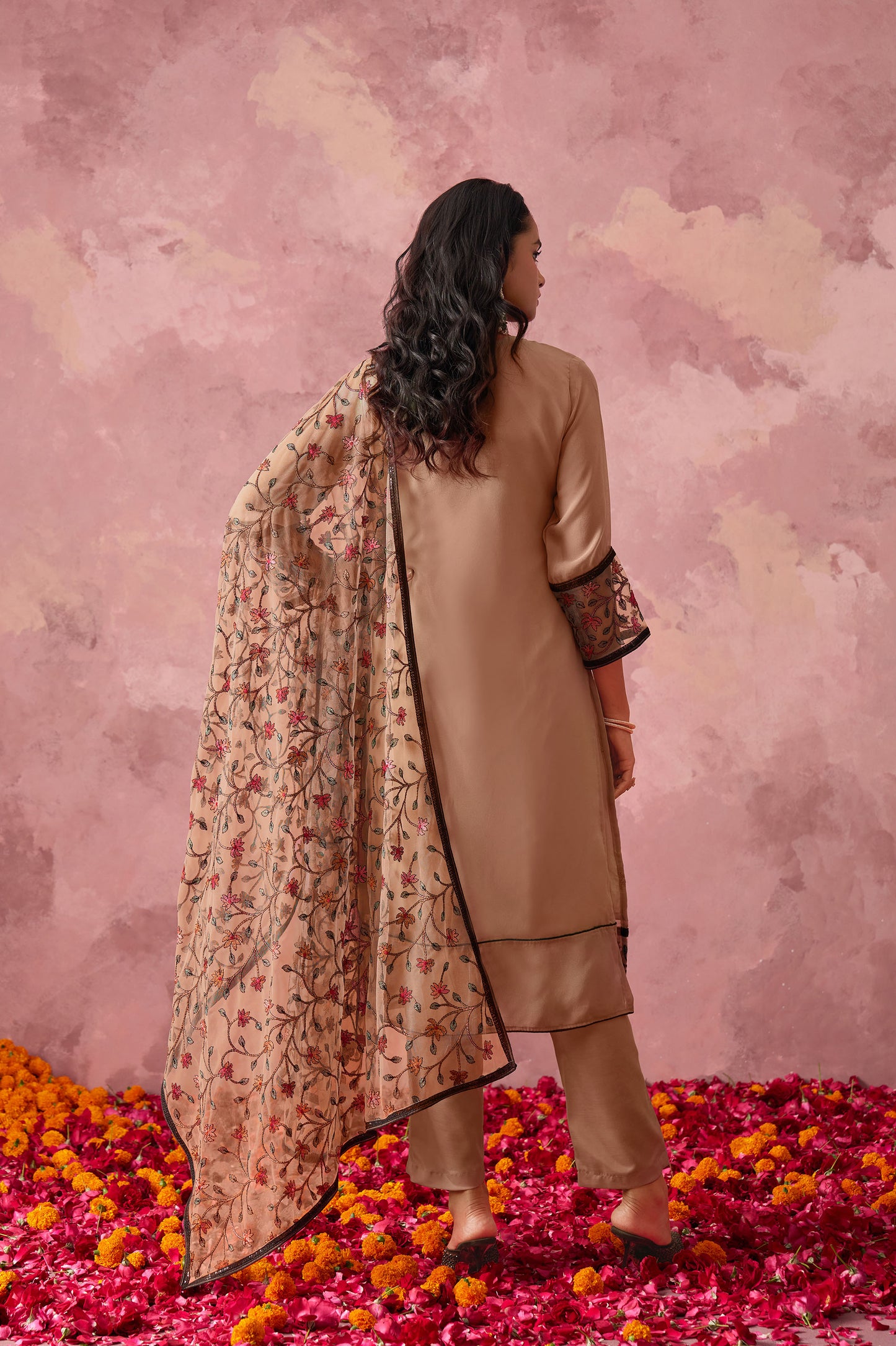Brown Georgette Sequins Embroidered Kurta Set