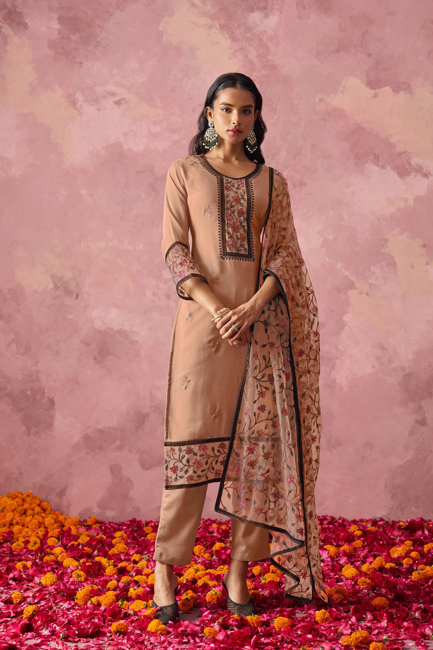 Brown Georgette Sequins Embroidered Kurta Set