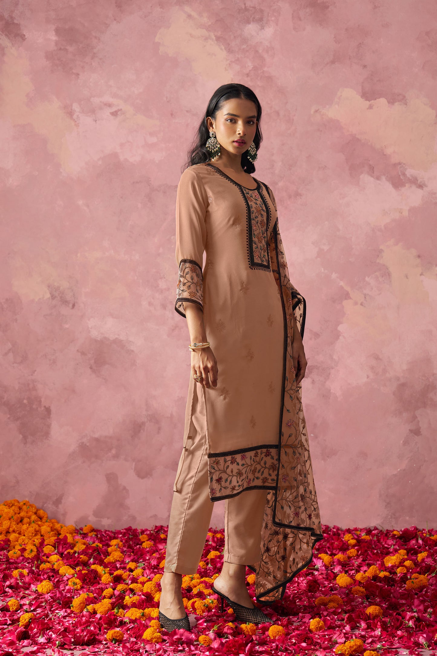 Brown Georgette Sequins Embroidered Kurta Set