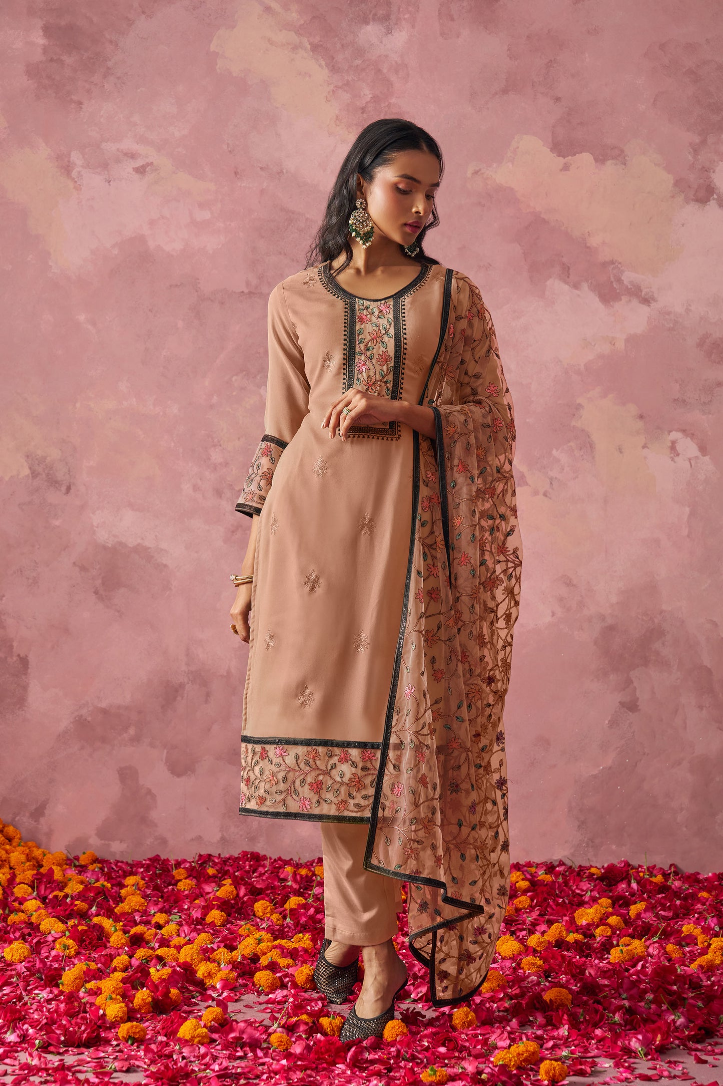 Brown Georgette Sequins Embroidered Kurta Set